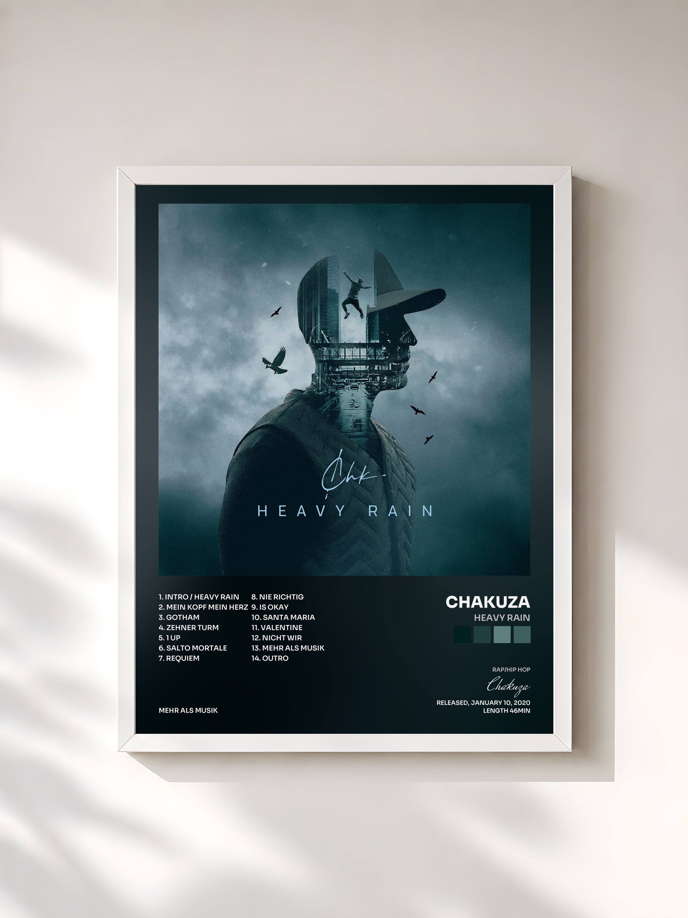 #blanc Tableau de l'album Heavy Rain de Chakuza, cadre blanc, imprimé et encadré en France