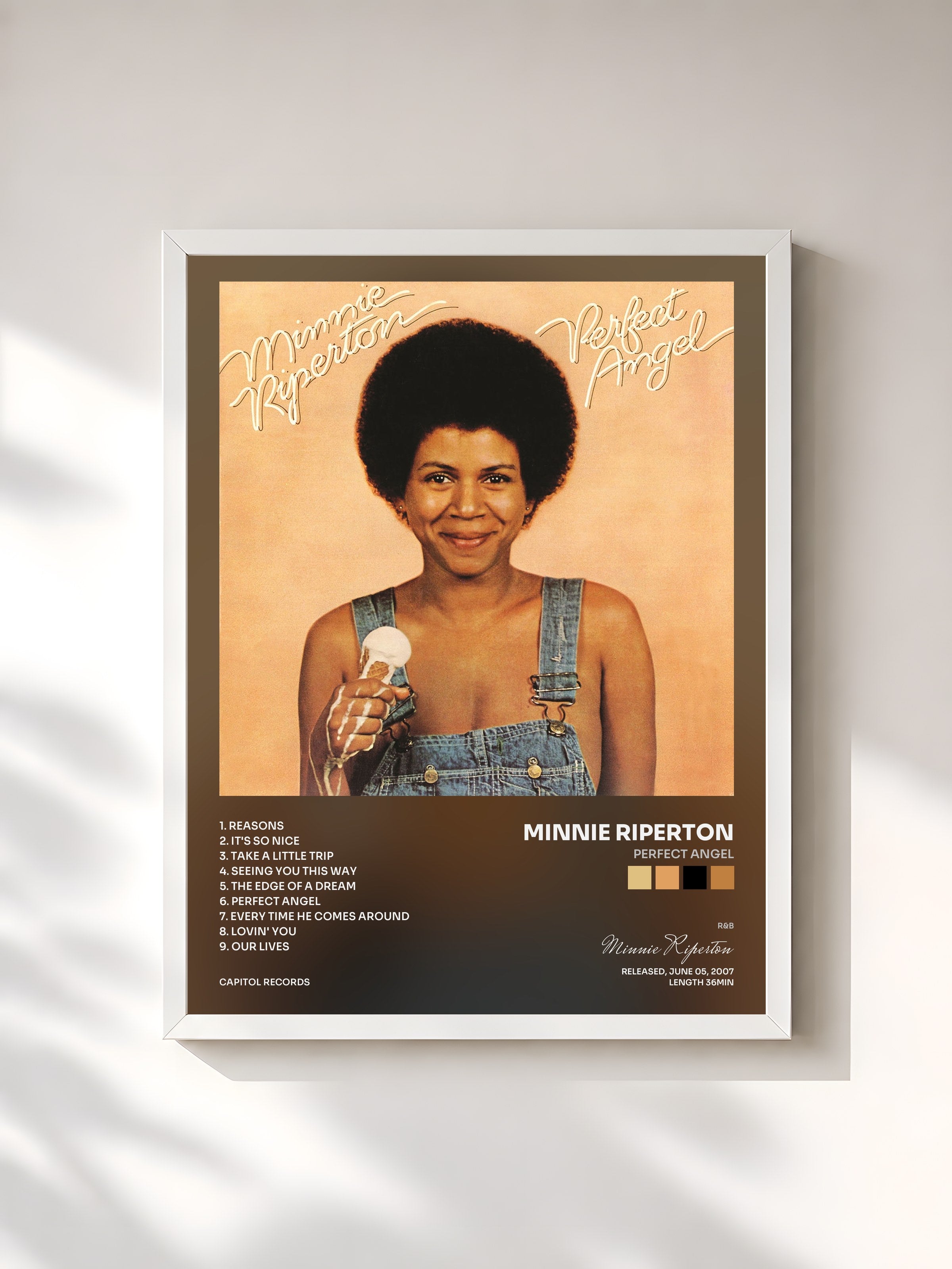 #blanc Tableau de l'album Perfect Angel de Minnie Riperton, cadre blanc, imprimé et encadré en France