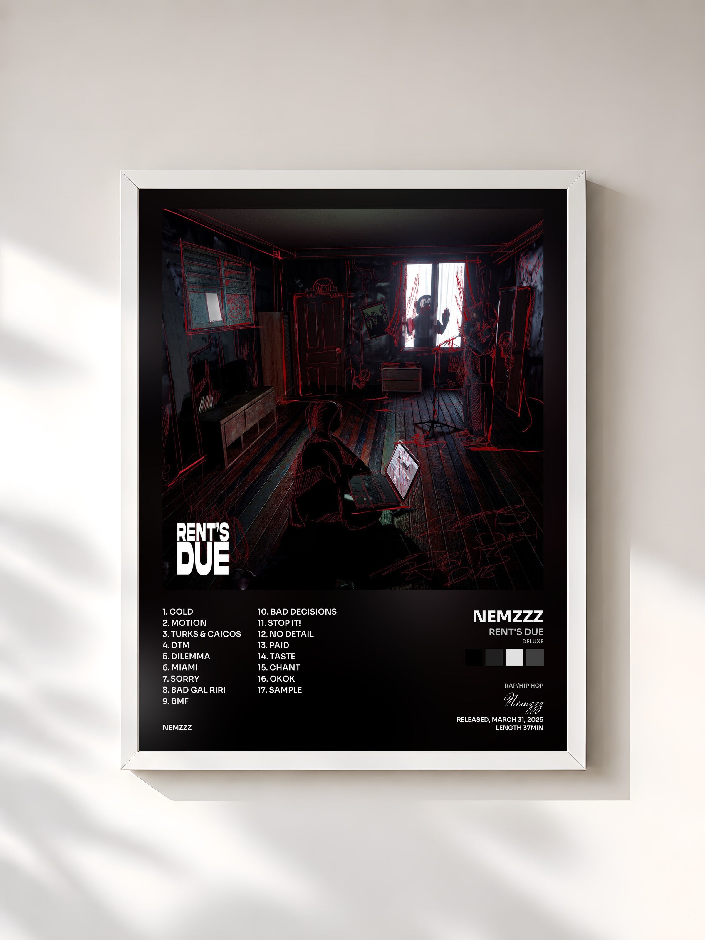 #blanc Tableau de l'album RENT'S DUE (DELUXE) de Nemzzz, cadre blanc, imprimé et encadré en France