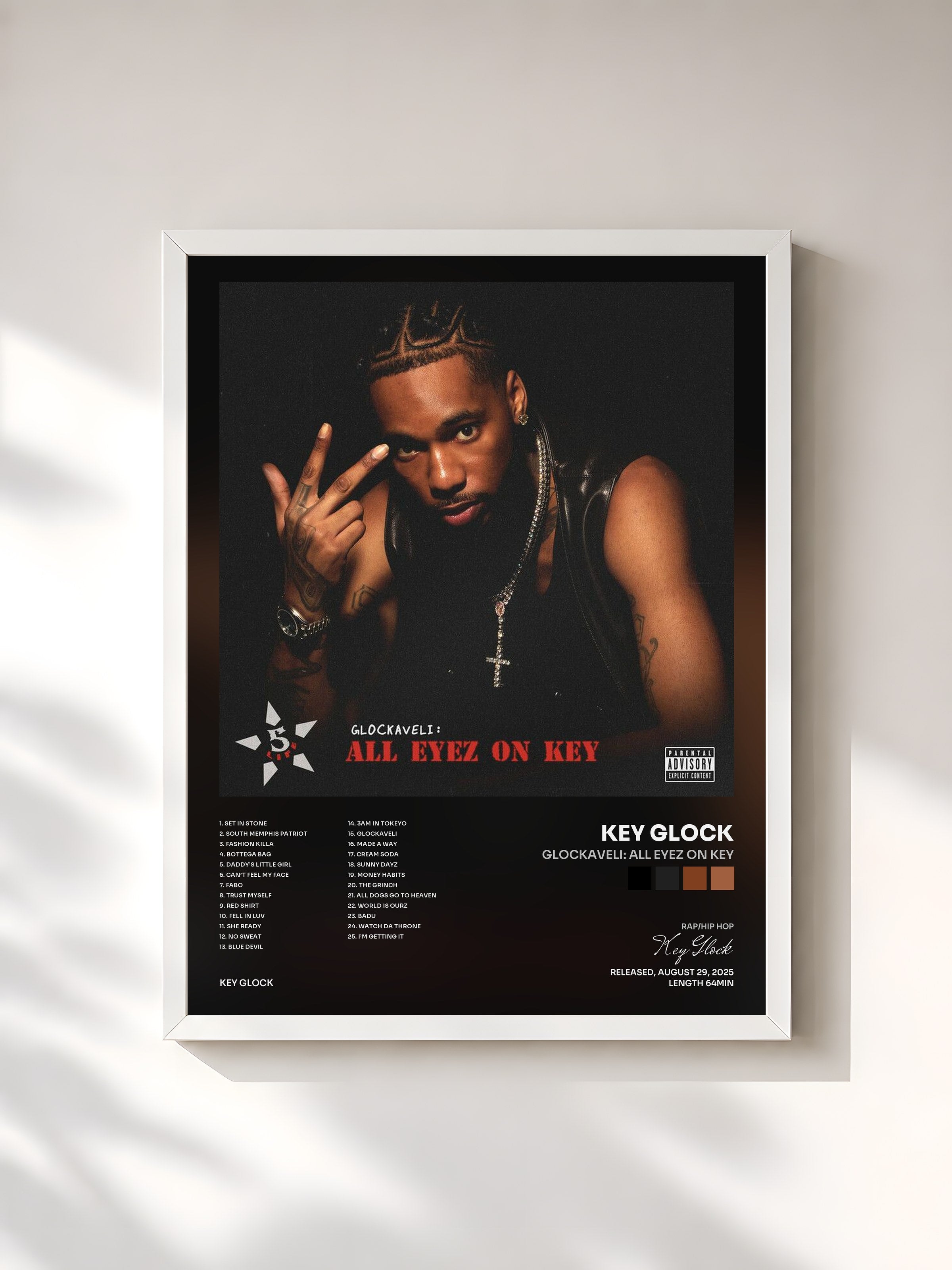 #blanc Tableau de l'album Glockaveli: All Eyez On Key de Key Glock, cadre blanc, imprimé et encadré en France