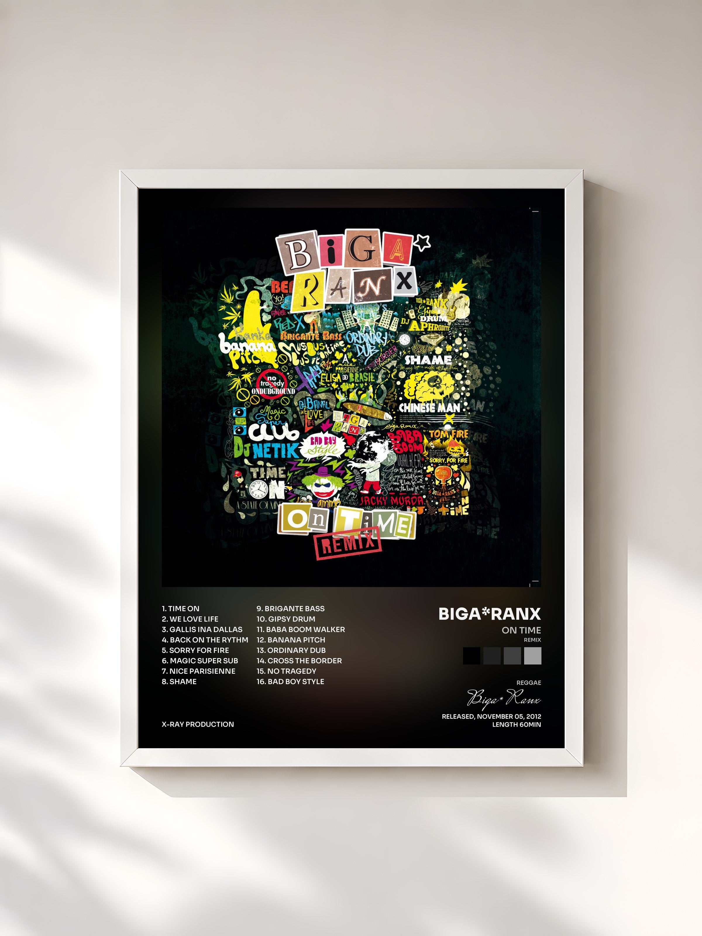 #blanc Tableau de l'album On Time (Remix) de Biga*Ranx, cadre blanc, imprimé et encadré en France