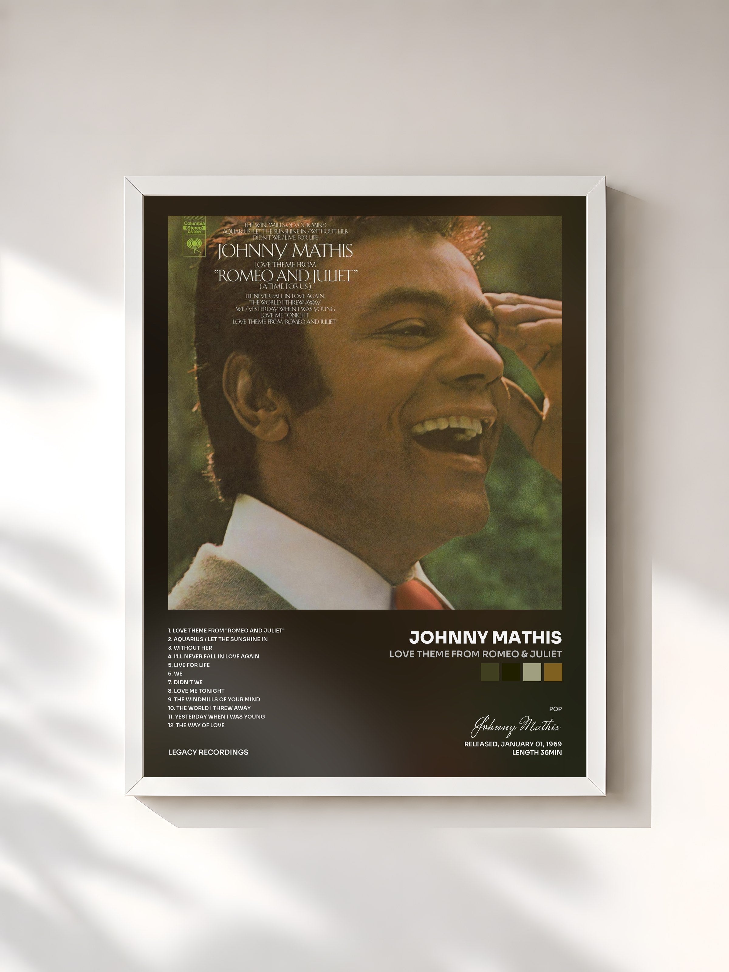 #blanc Tableau de l'album Love Theme from Romeo & Juliet de Johnny Mathis, cadre blanc, imprimé et encadré en France