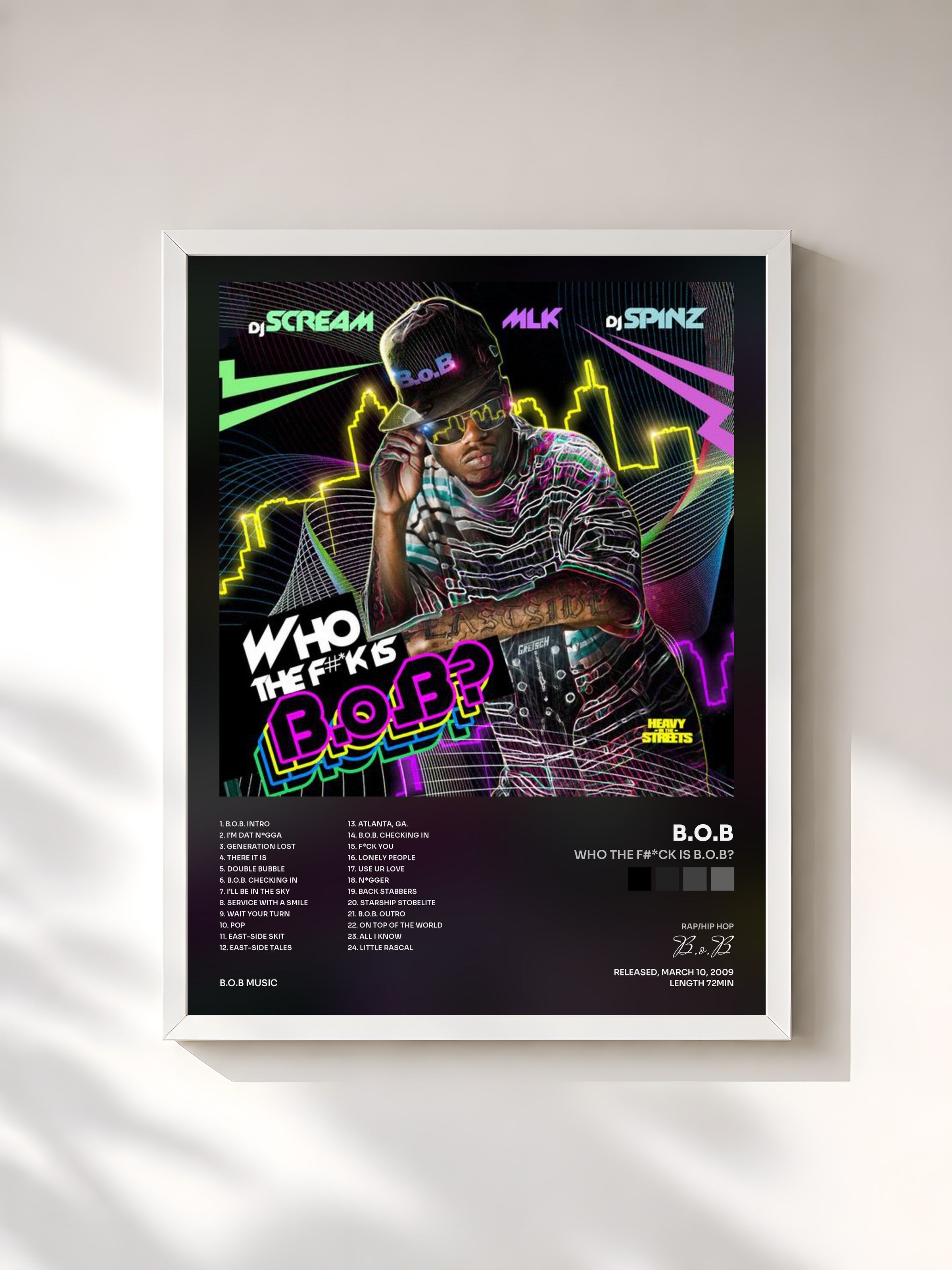 #blanc Tableau de l'album Who The F#*ck Is B.o.B? de B.o.B, cadre blanc, imprimé et encadré en France