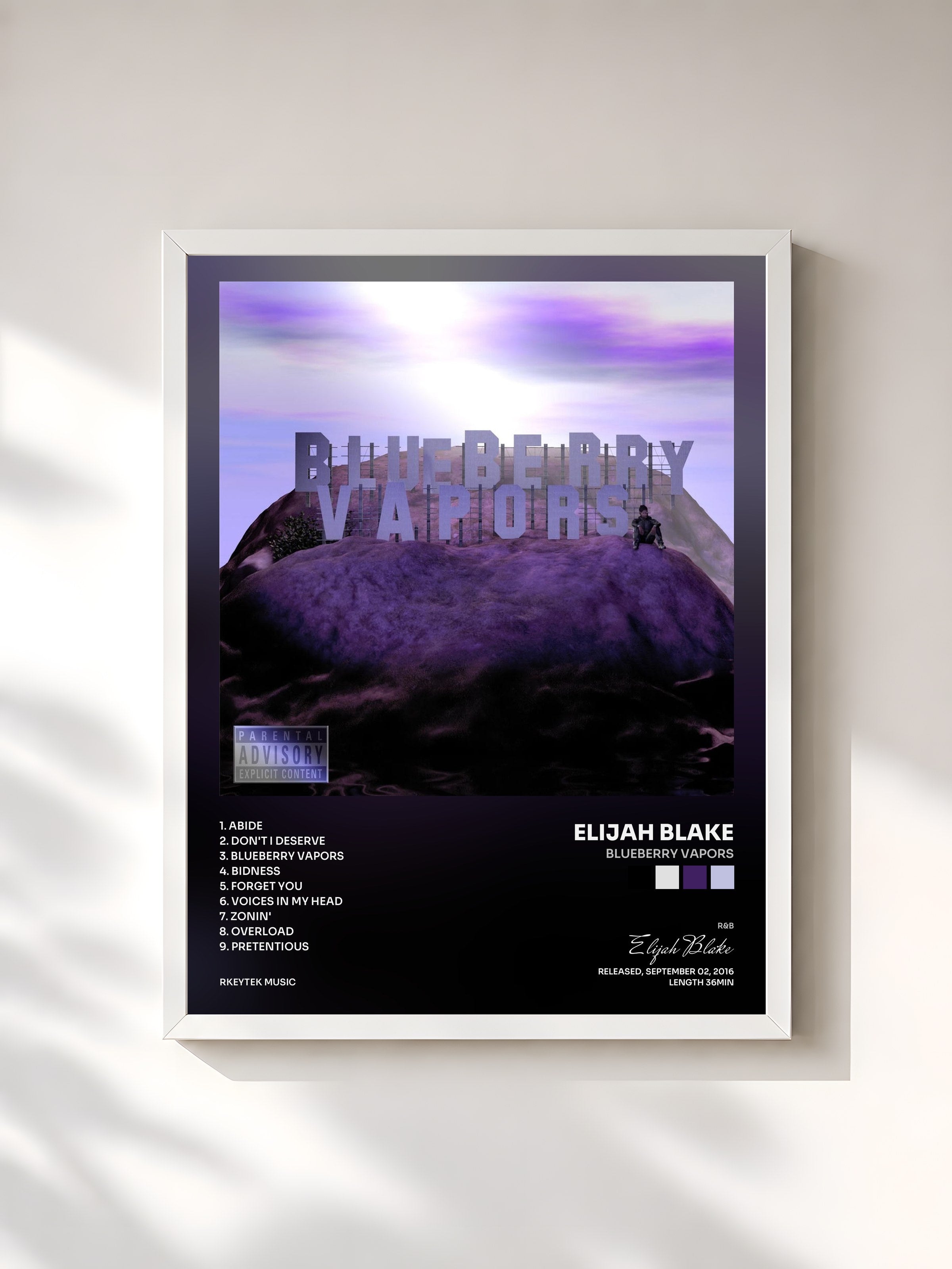 #blanc Tableau de l'album Blueberry Vapors de Elijah Blake, cadre blanc, imprimé et encadré en France