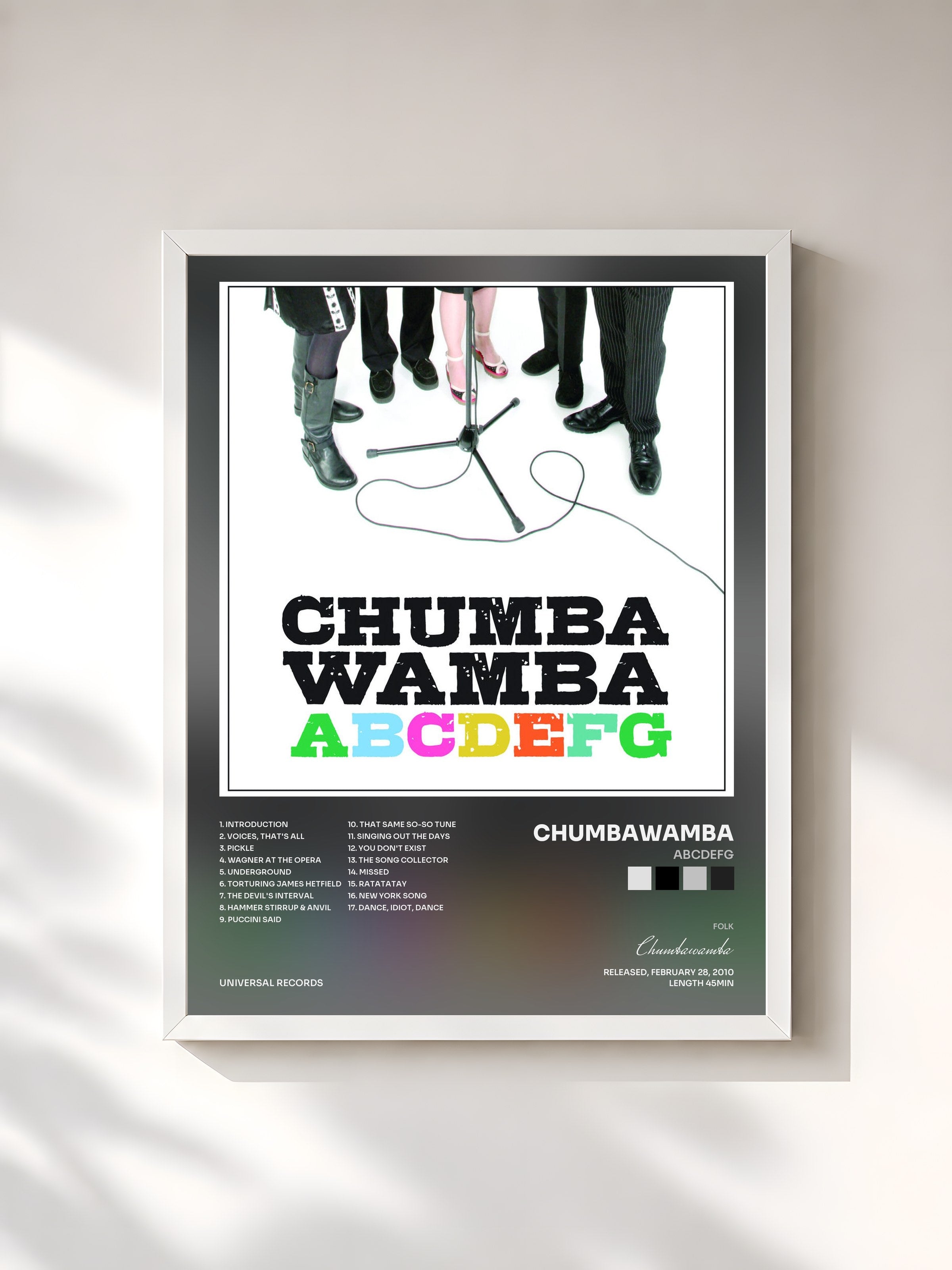 #blanc Tableau de l'album ABCDEFG de Chumbawamba, cadre blanc, imprimé et encadré en France