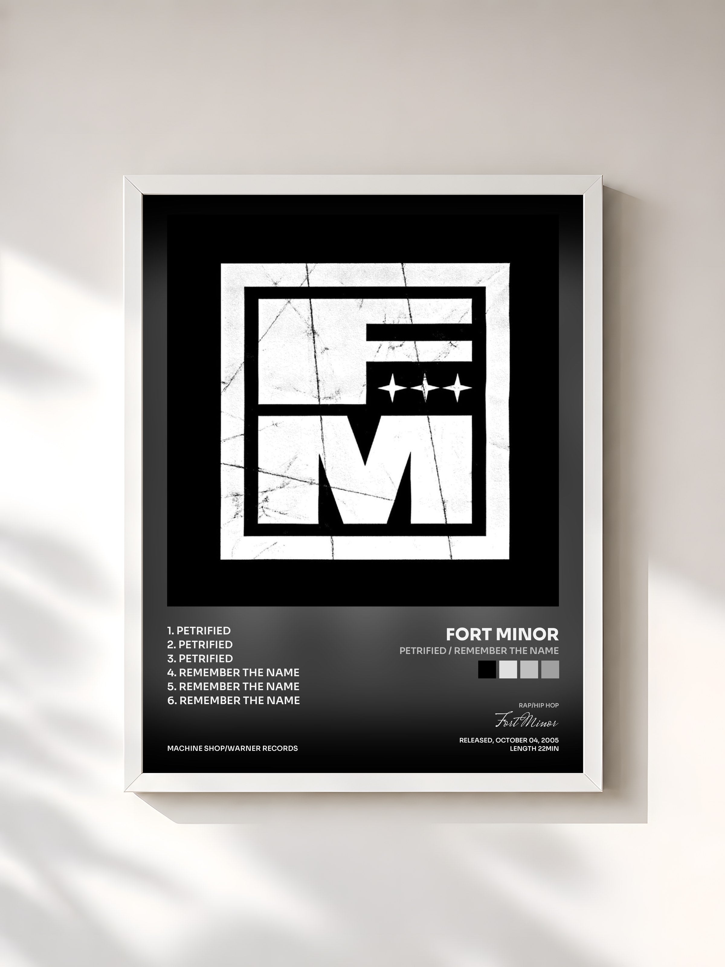 #blanc Tableau de l'album Petrified / Remember the Name de Fort Minor, cadre blanc, imprimé et encadré en France