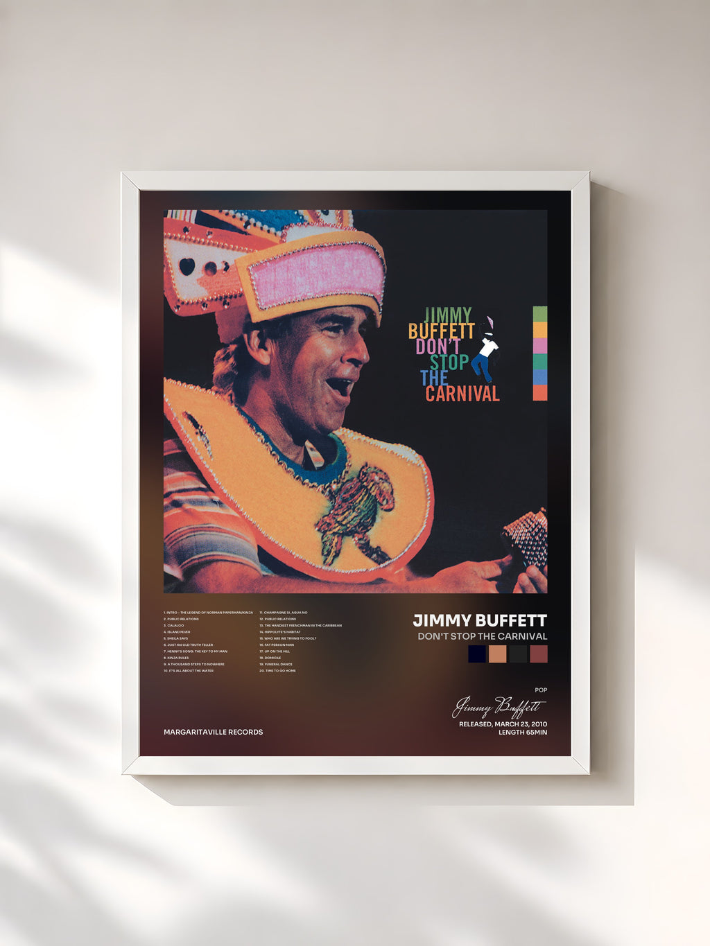 #blanc Tableau de l'album Don't Stop The Carnival de Jimmy Buffett, cadre blanc, imprimé et encadré en France