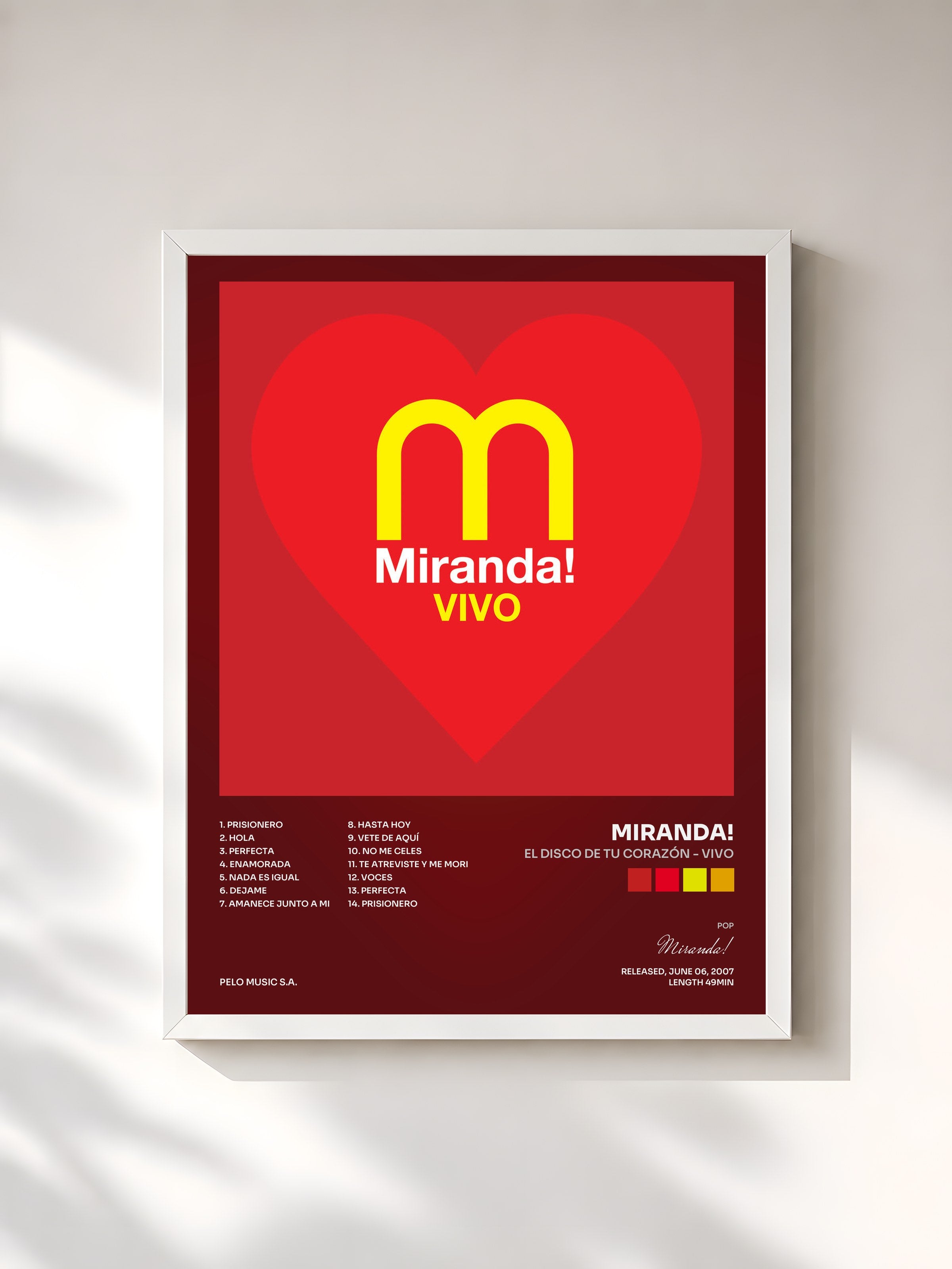 #blanc Tableau de l'album El Disco de Tu Corazón - Vivo de Miranda!, cadre blanc, imprimé et encadré en France