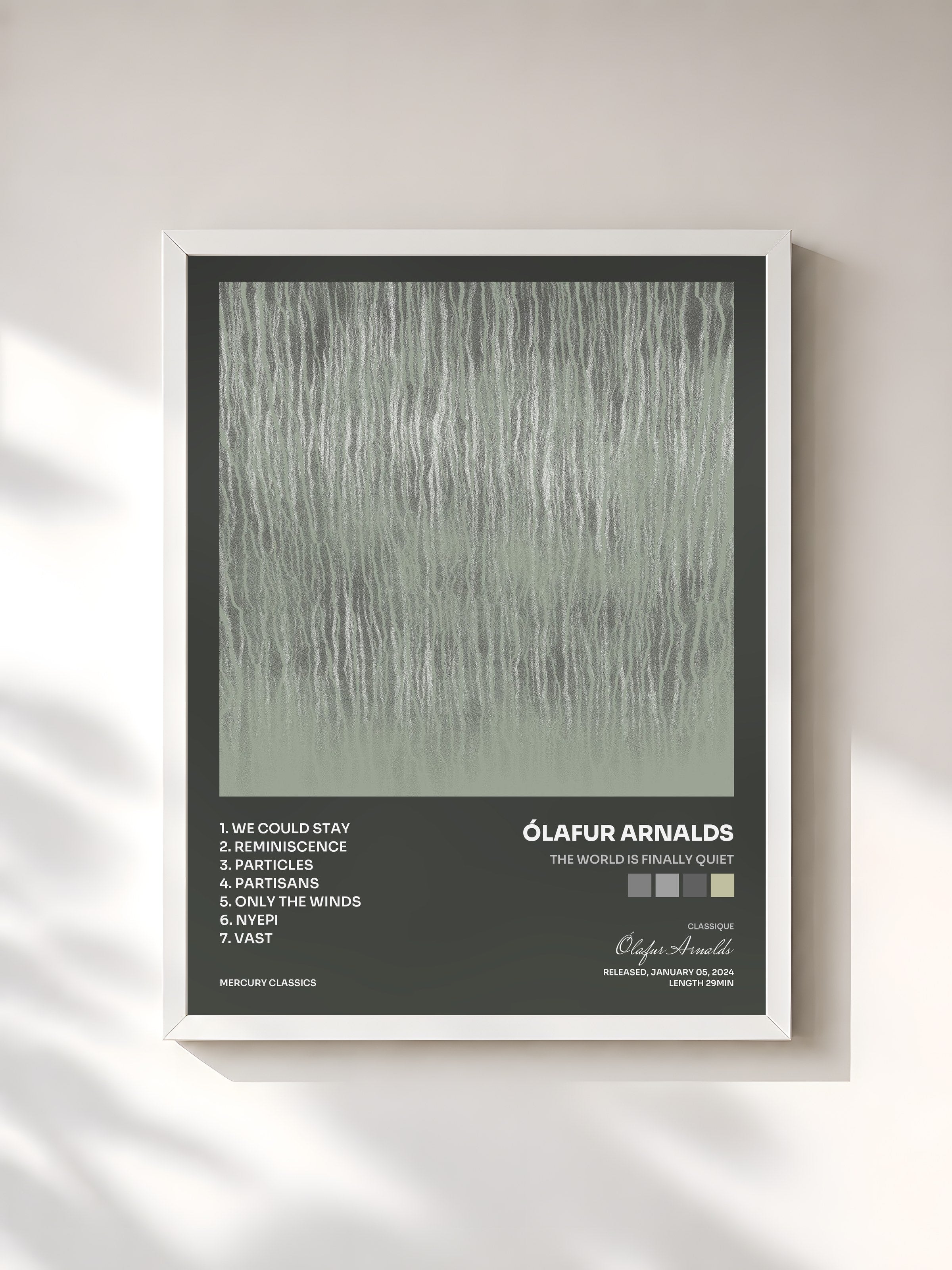 #blanc Tableau de l'album the world is finally quiet de Ólafur Arnalds, cadre blanc, imprimé et encadré en France