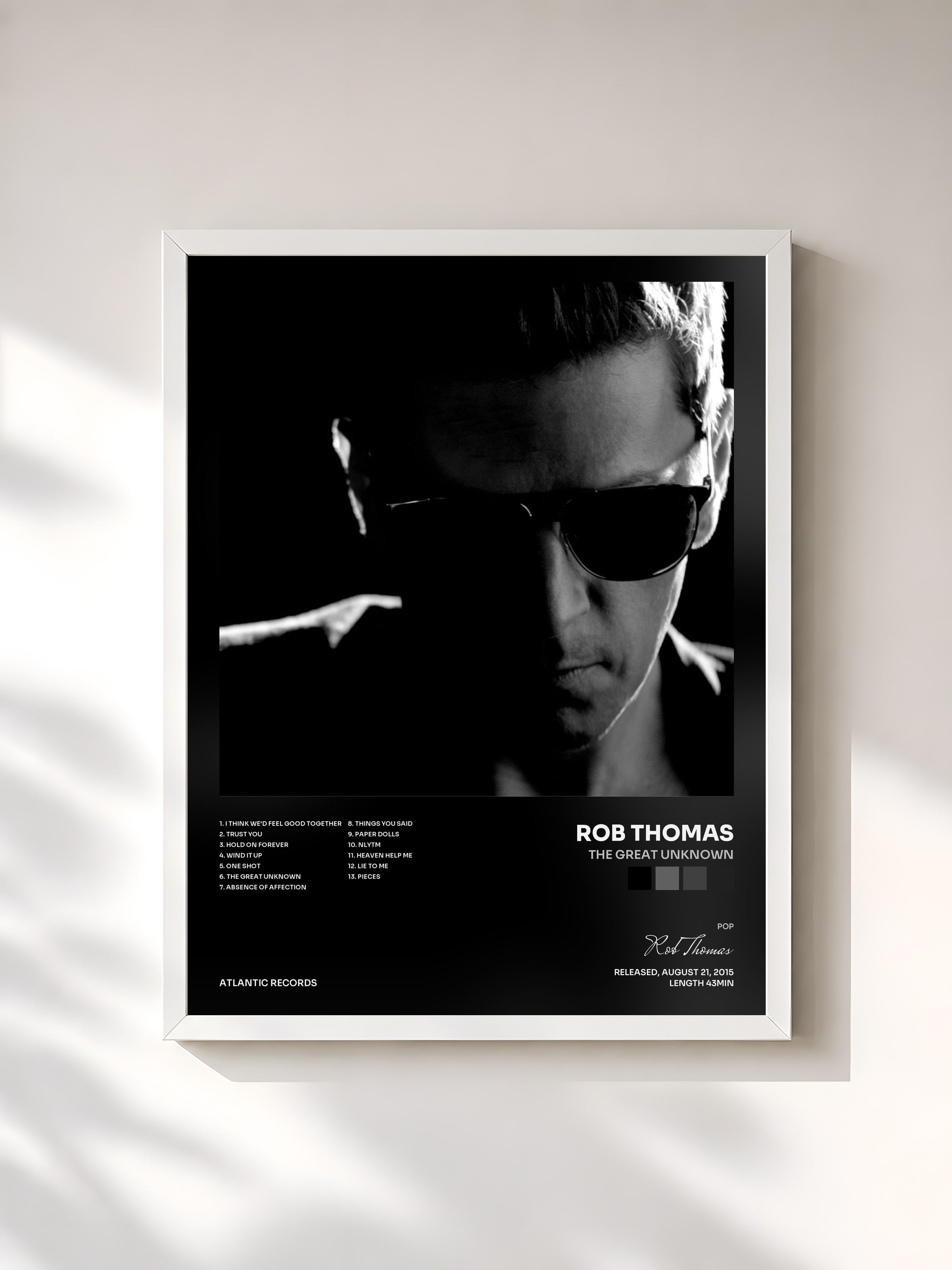 #blanc Tableau de l'album The Great Unknown de Rob Thomas, cadre blanc, imprimé et encadré en France