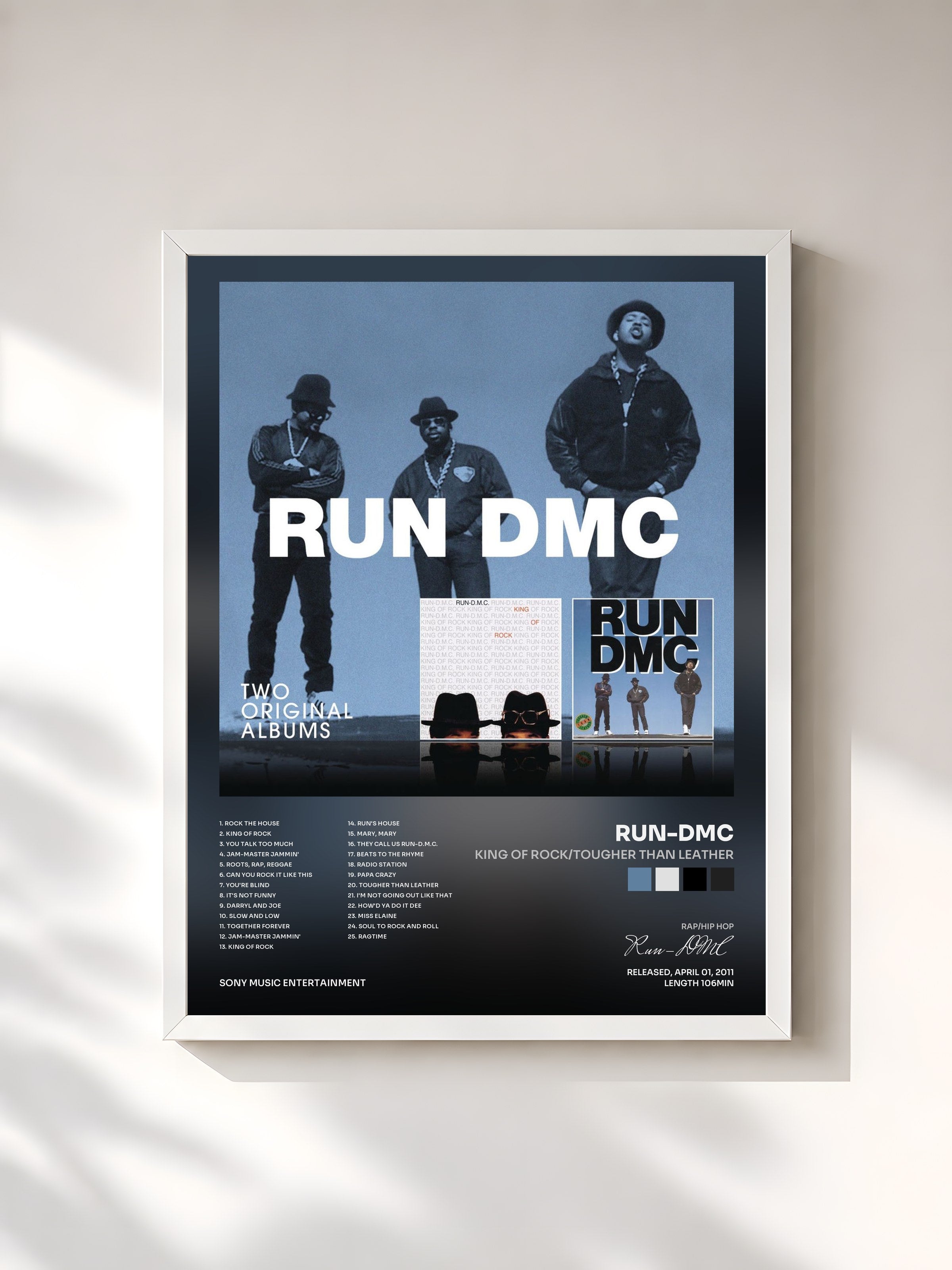 #blanc Tableau de l'album King Of Rock/Tougher Than Leather de Run-DMC, cadre blanc, imprimé et encadré en France