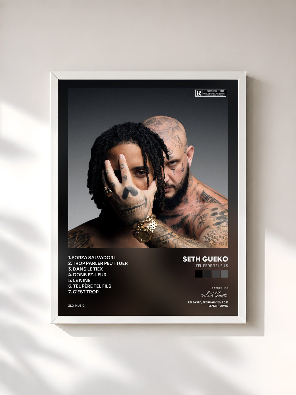 #blanc Tel père tel fils by Seth Gueko as a framed art print, white frame, printed and framed in France