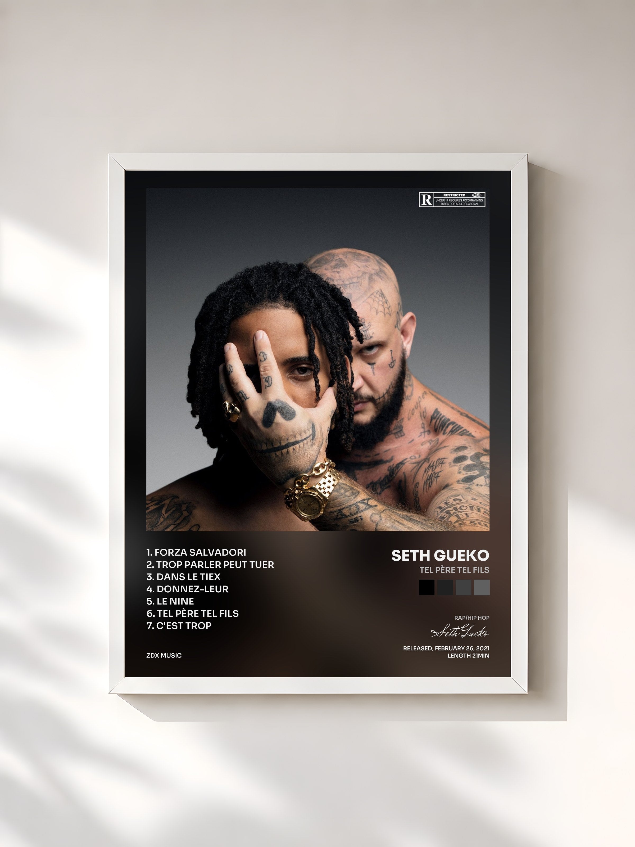 #blanc Tableau de l'album Tel père tel fils de Seth Gueko, cadre blanc, imprimé et encadré en France