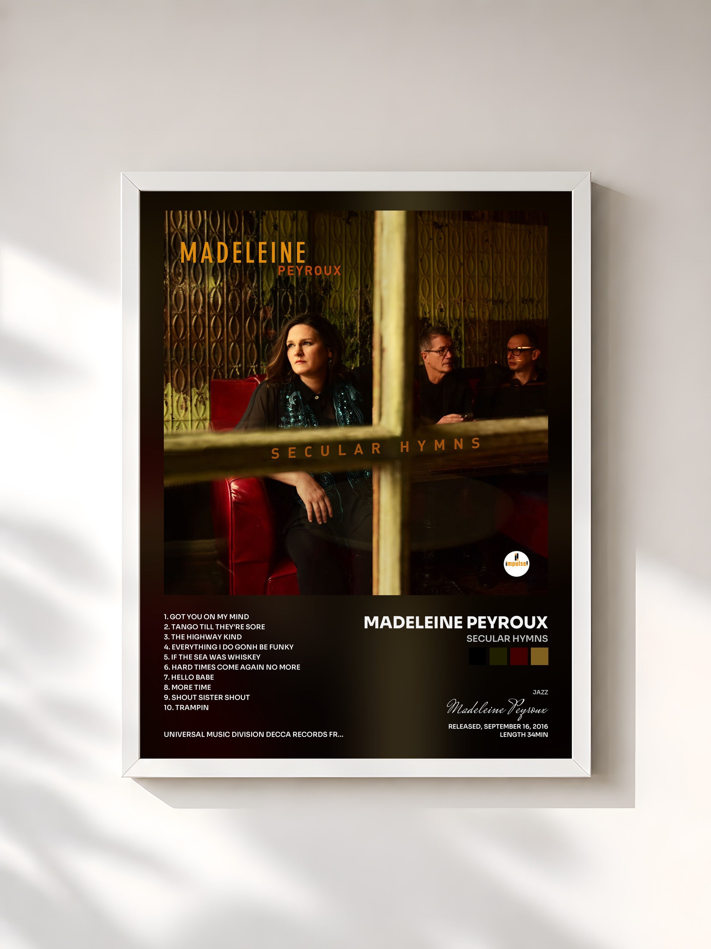 #blanc Tableau de l'album Secular Hymns de Madeleine Peyroux, cadre blanc, imprimé et encadré en France