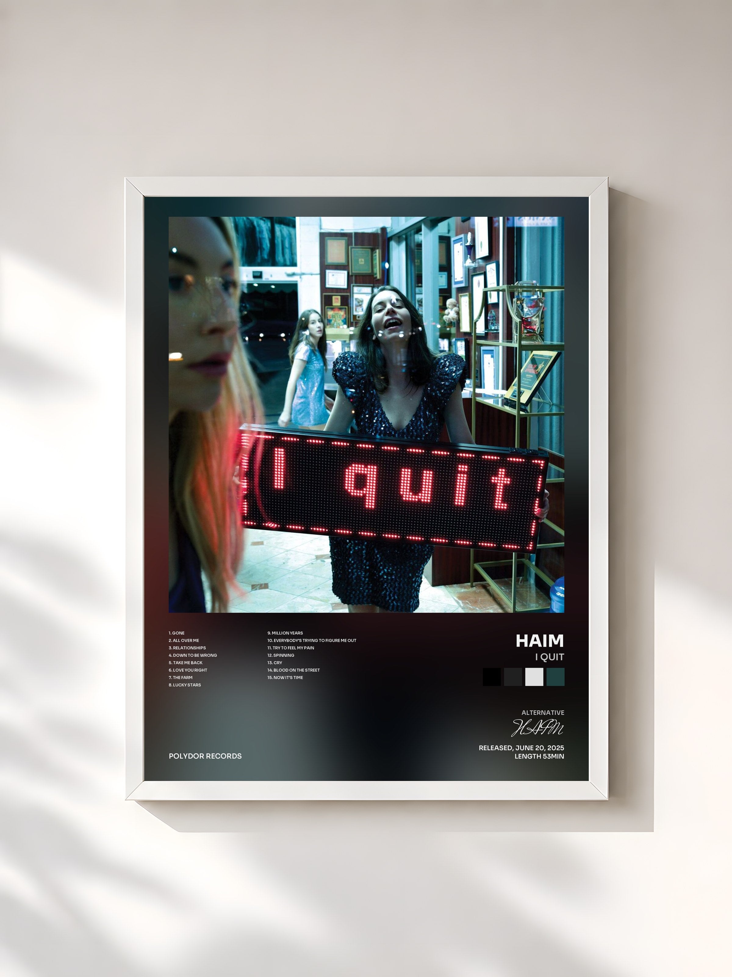 #blanc Tableau de l'album I quit de HAIM, cadre blanc, imprimé et encadré en France