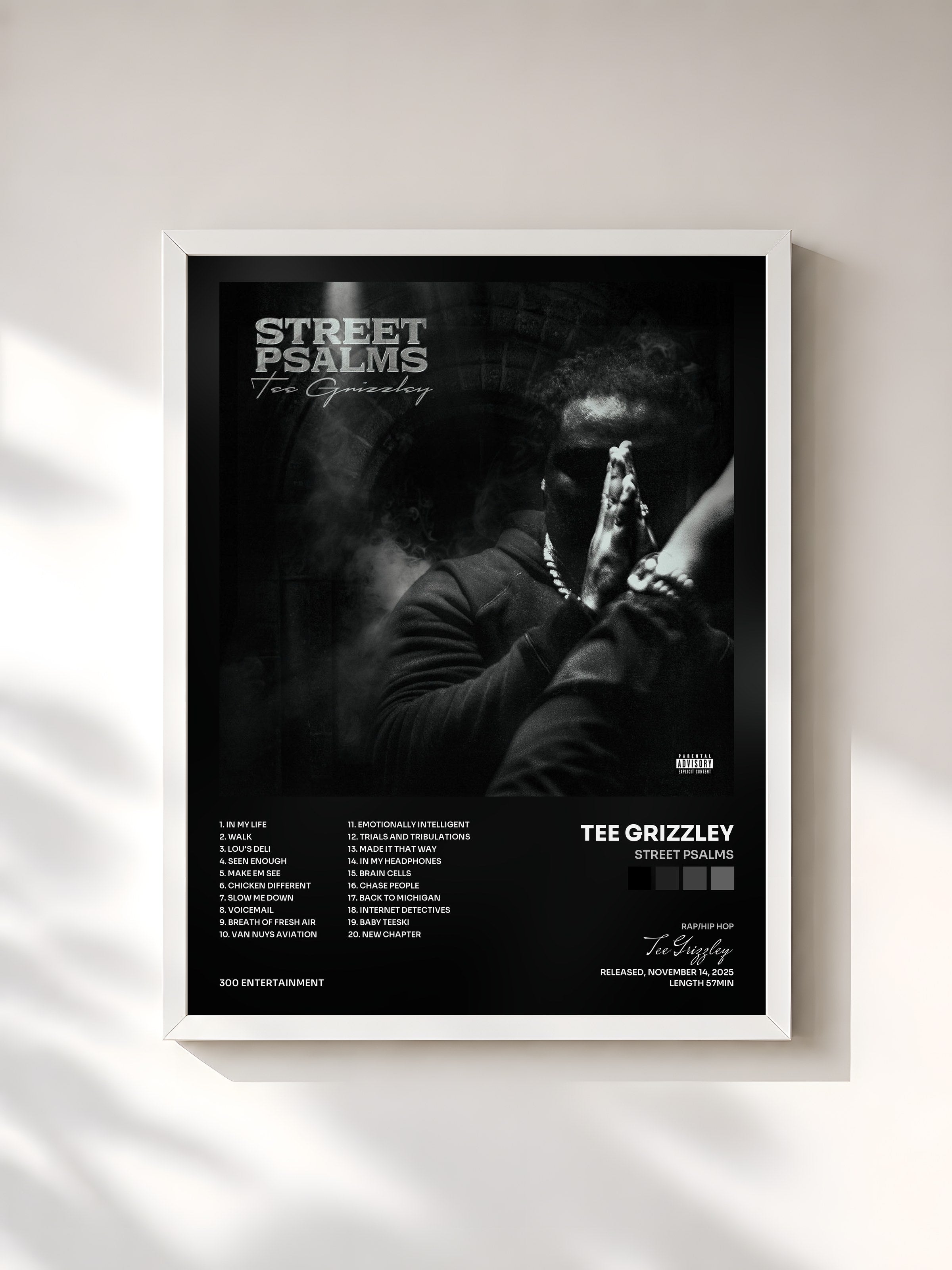 #blanc Tableau de l'album Street Psalms de Tee Grizzley, cadre blanc, imprimé et encadré en France