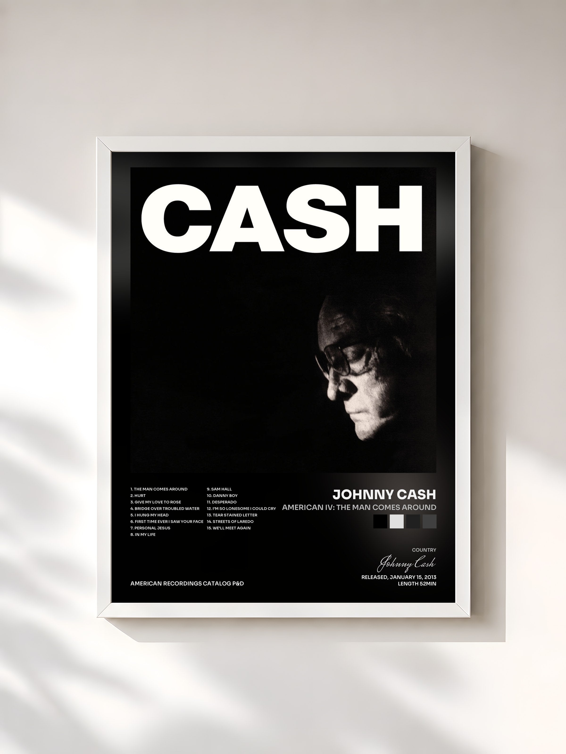 #blanc Tableau de l'album American IV: The Man Comes Around de Johnny Cash, cadre blanc, imprimé et encadré en France