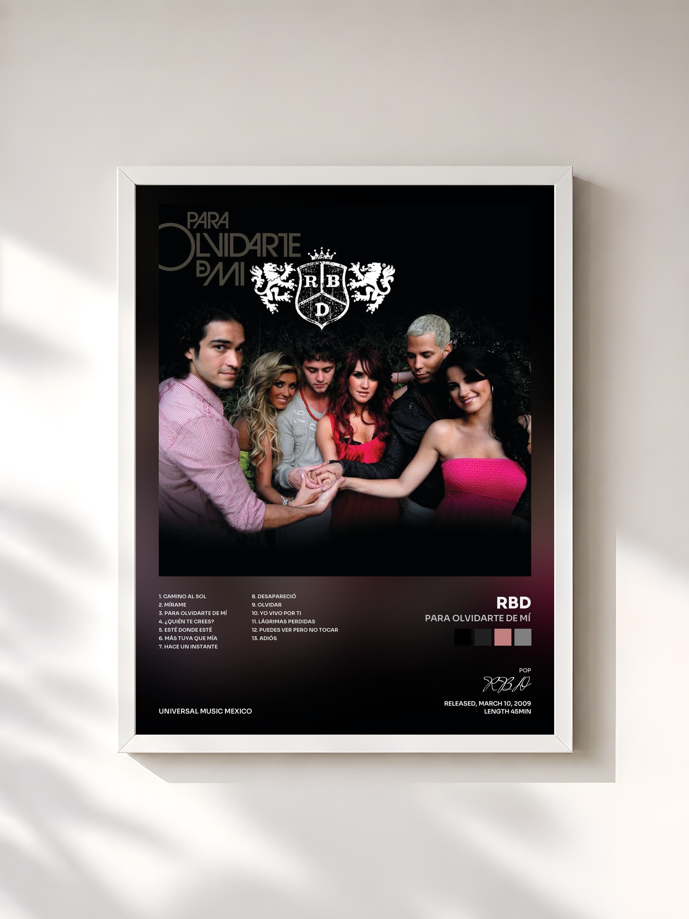 #blanc Tableau de l'album Para Olvidarte De Mí de RBD, cadre blanc, imprimé et encadré en France