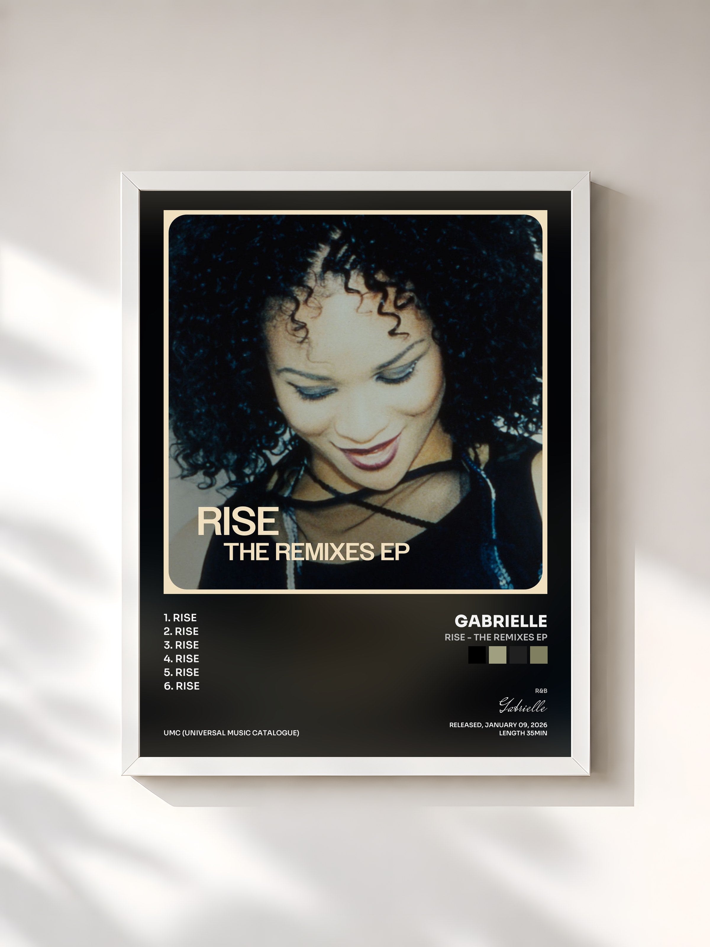 #blanc Tableau de l'album Rise - The Remixes EP de Gabrielle, cadre blanc, imprimé et encadré en France