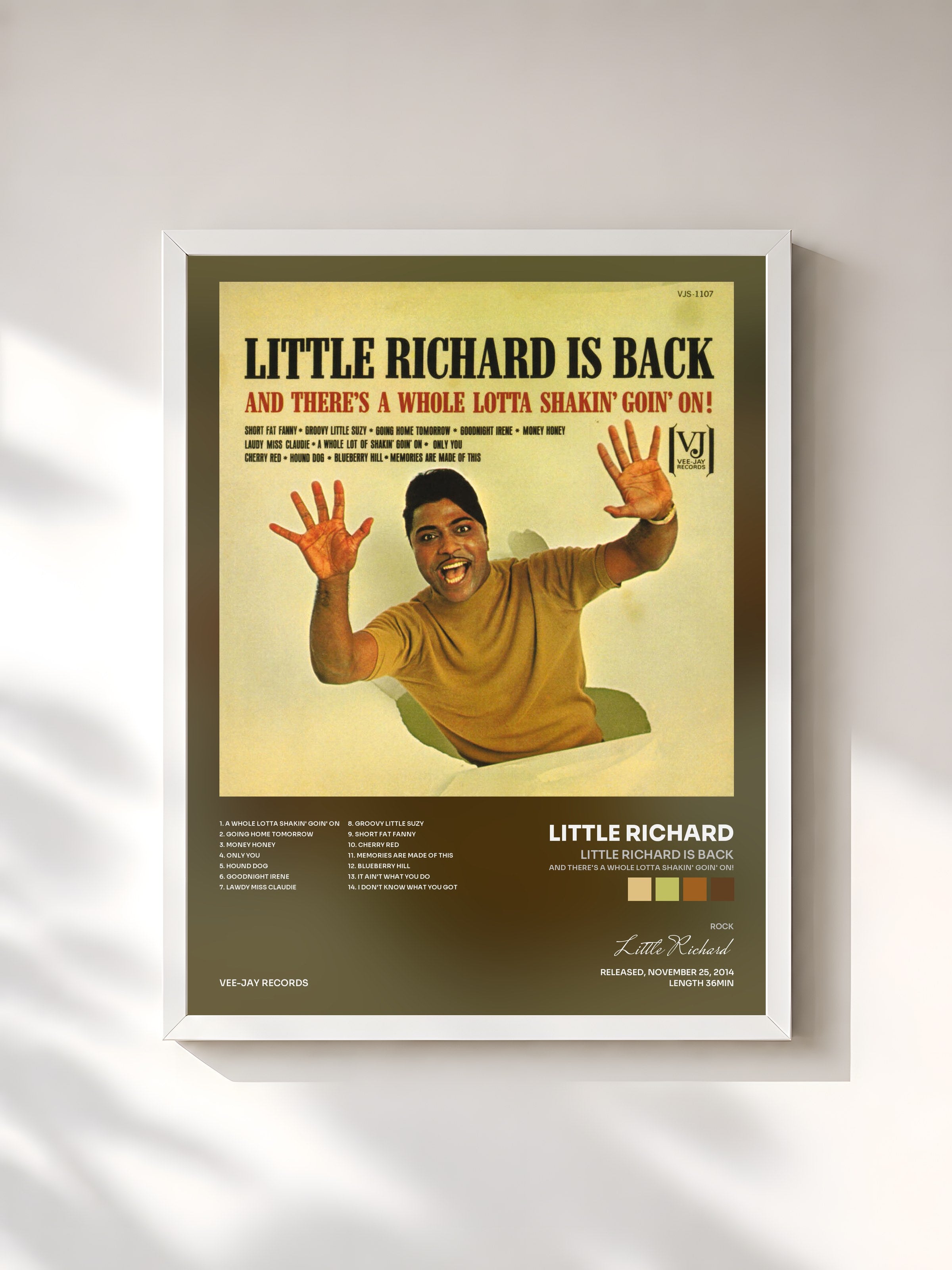 #blanc Tableau de l'album Little Richard Is Back (And There's A Whole Lotta Shakin' Goin' On!) de Little Richard, cadre blanc, imprimé et encadré en France