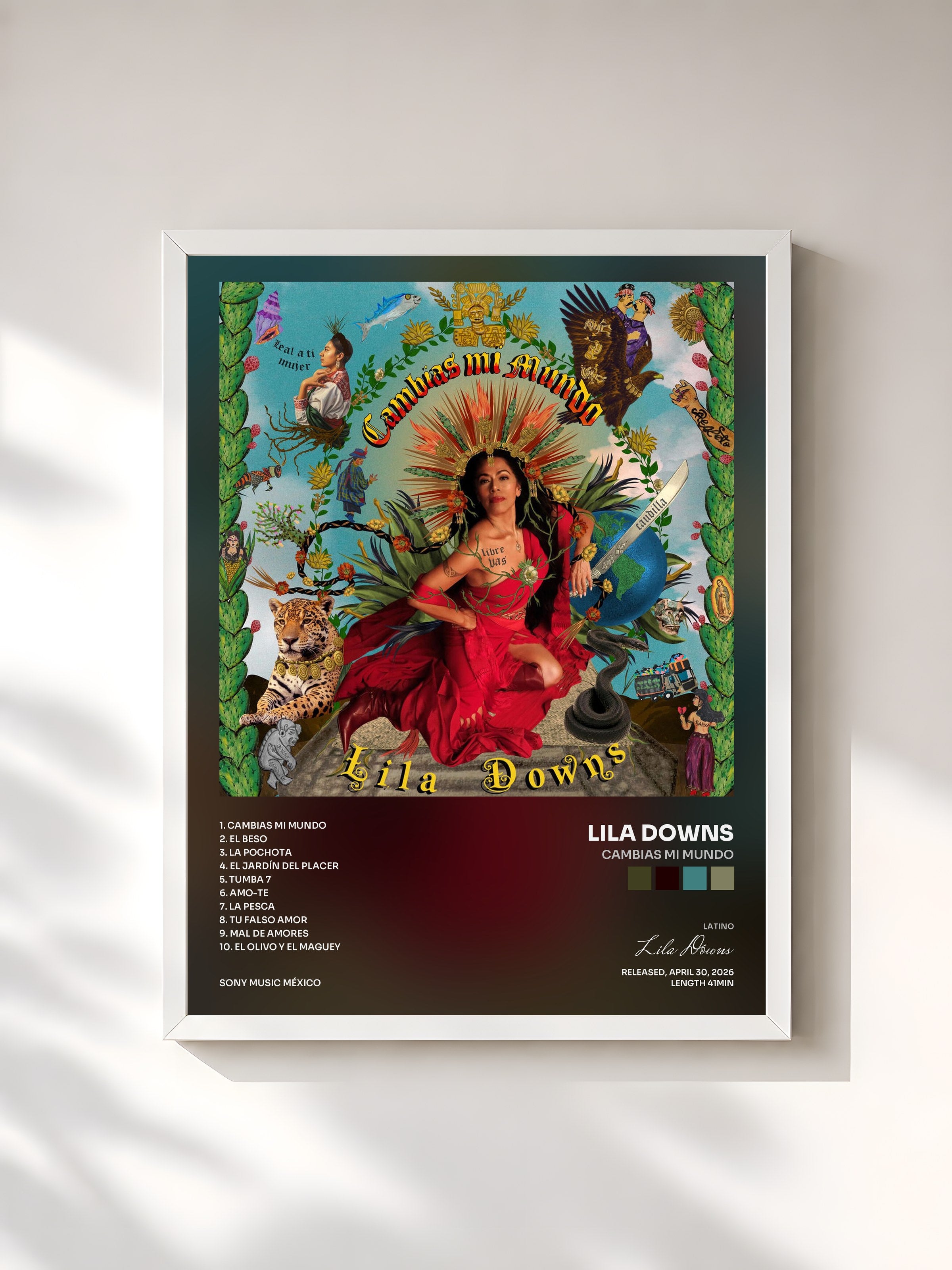 #blanc Tableau de l'album Cambias Mi Mundo de Lila Downs, cadre blanc, imprimé et encadré en France