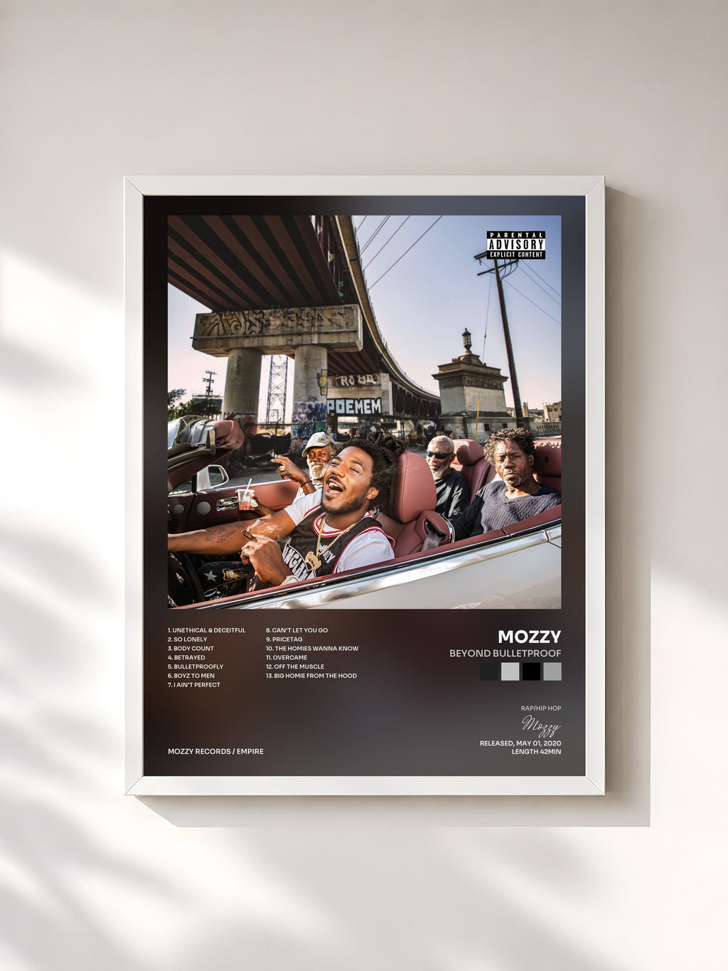 #blanc Tableau de l'album Beyond Bulletproof de Mozzy, cadre blanc, imprimé et encadré en France