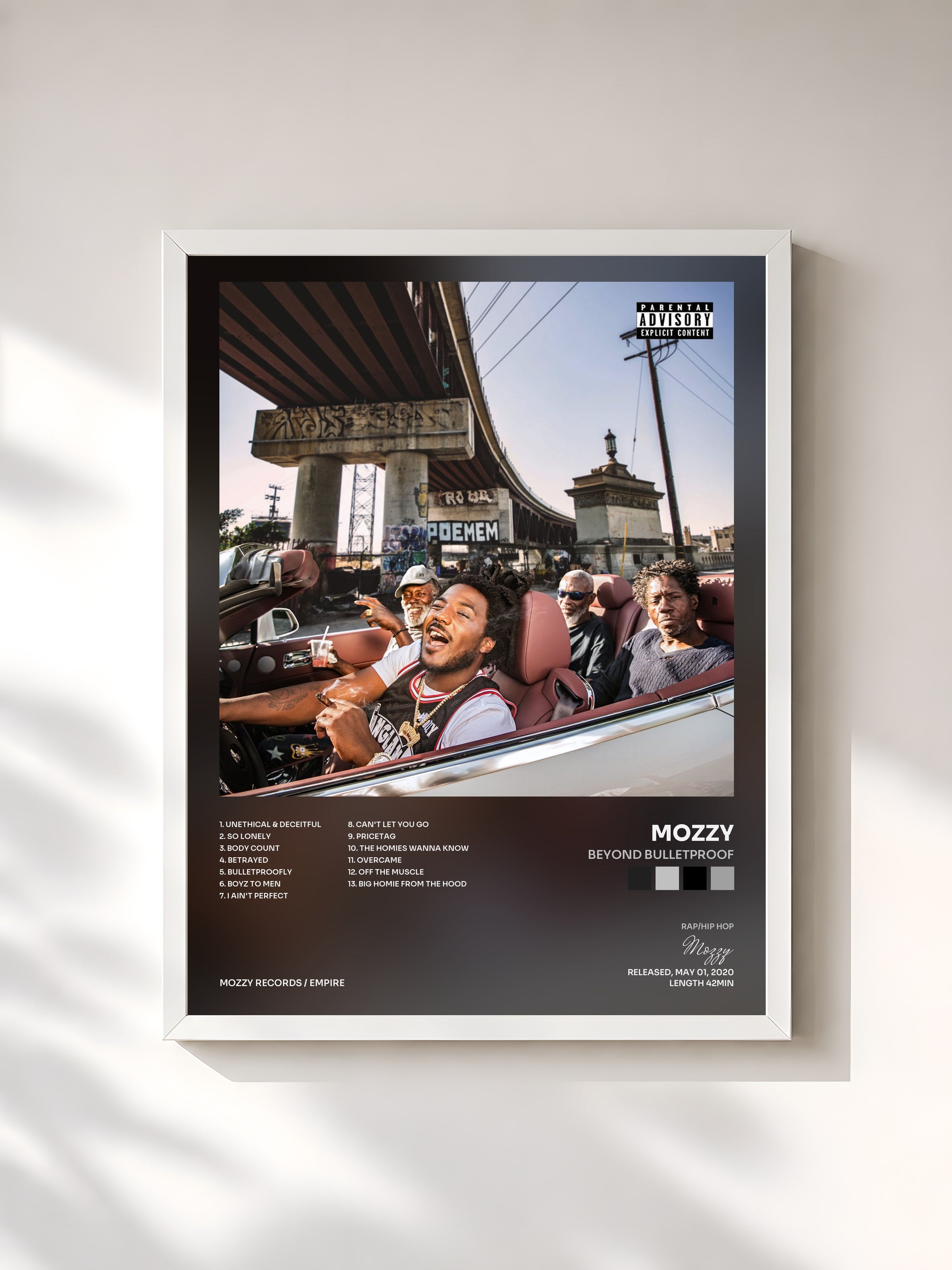 #blanc Tableau de l'album Beyond Bulletproof de Mozzy, cadre blanc, imprimé et encadré en France