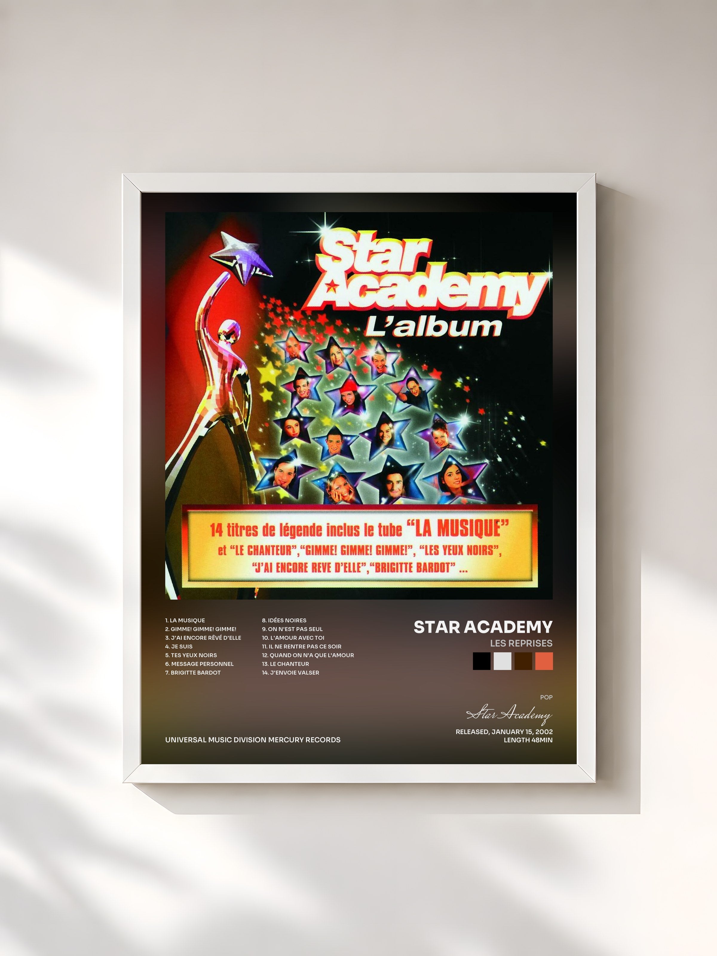 #blanc Tableau de l'album Les Reprises de Star Academy, cadre blanc, imprimé et encadré en France