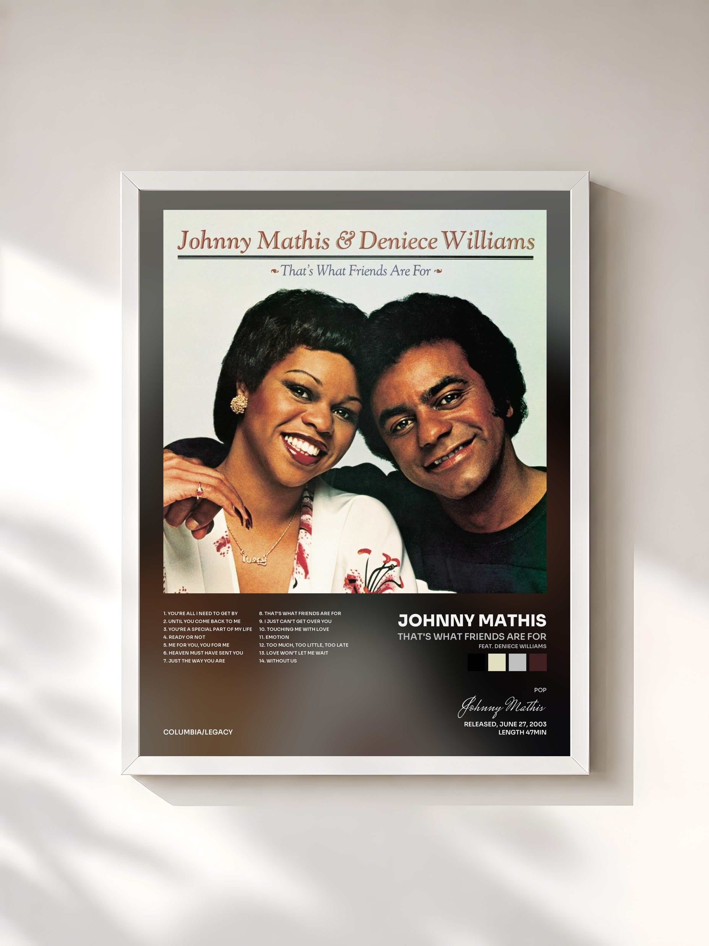 #blanc Tableau de l'album That's What Friends Are For (feat. Deniece Williams) de Johnny Mathis, cadre blanc, imprimé et encadré en France