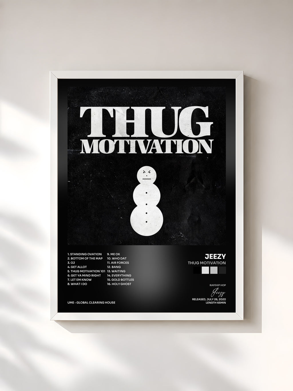 #blanc Tableau de l'album Thug Motivation de Jeezy, cadre blanc, imprimé et encadré en France
