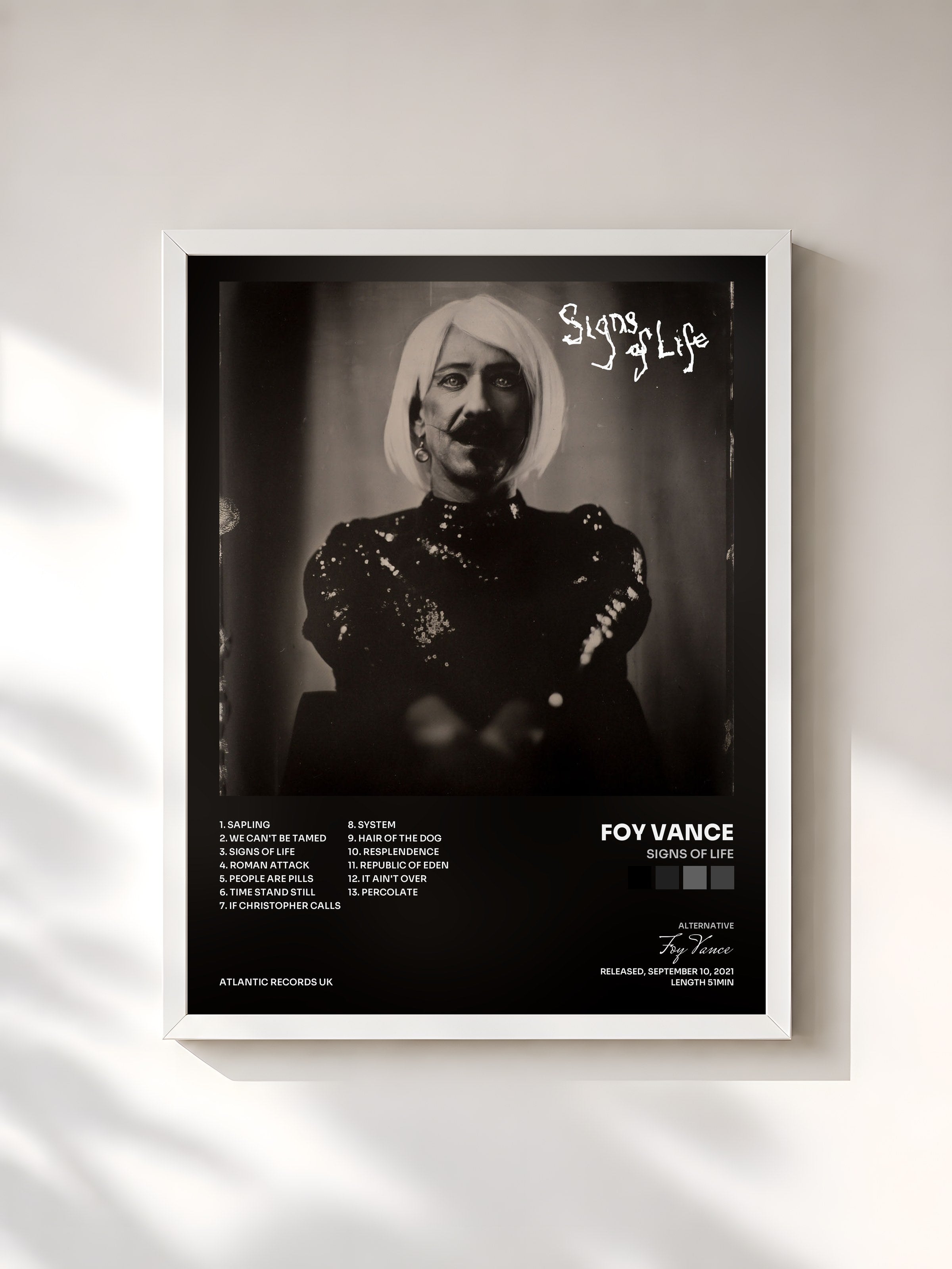 #blanc Tableau de l'album Signs of Life de Foy Vance, cadre blanc, imprimé et encadré en France