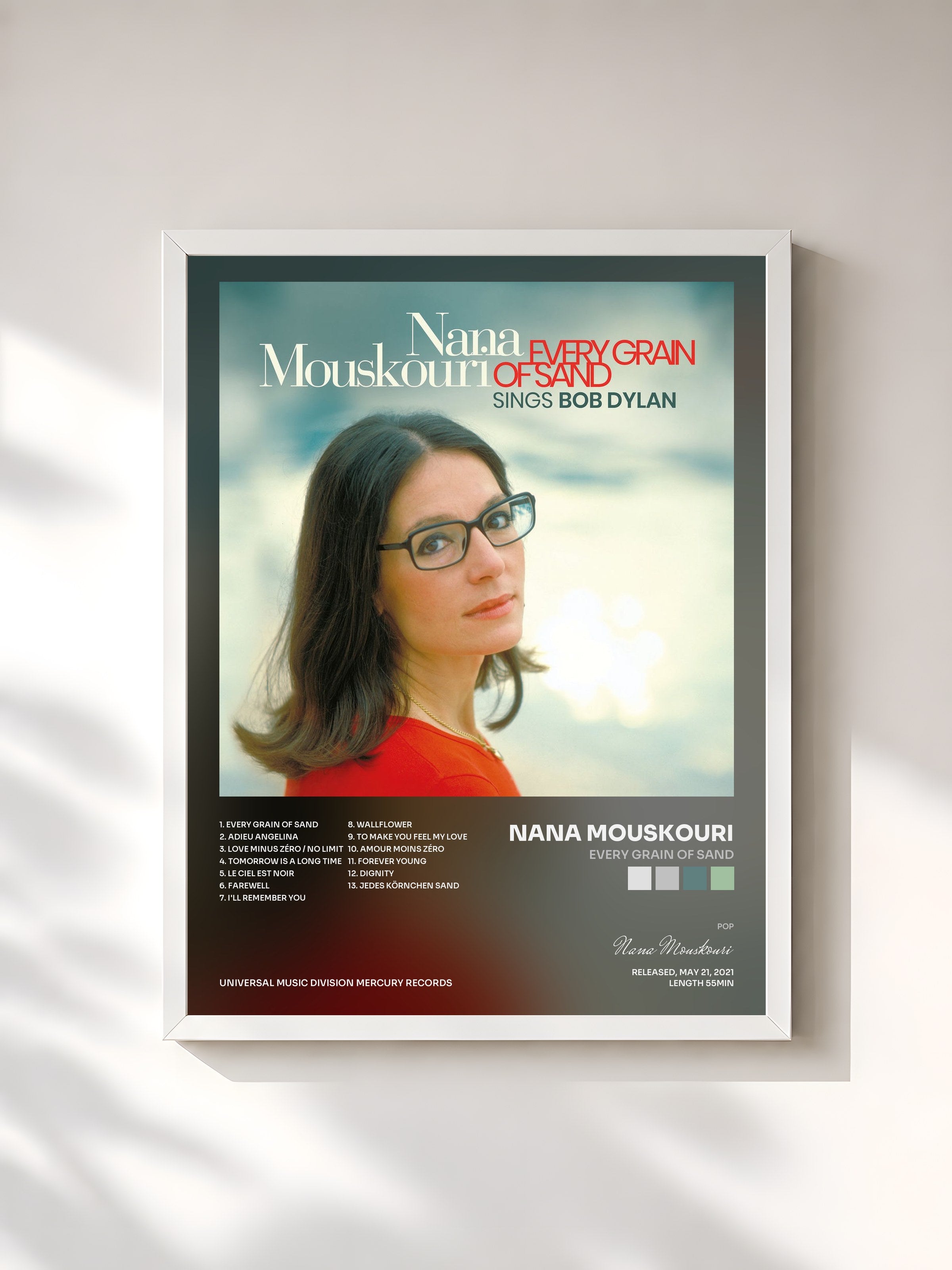 #blanc Tableau de l'album Every Grain of Sand de Nana Mouskouri, cadre blanc, imprimé et encadré en France