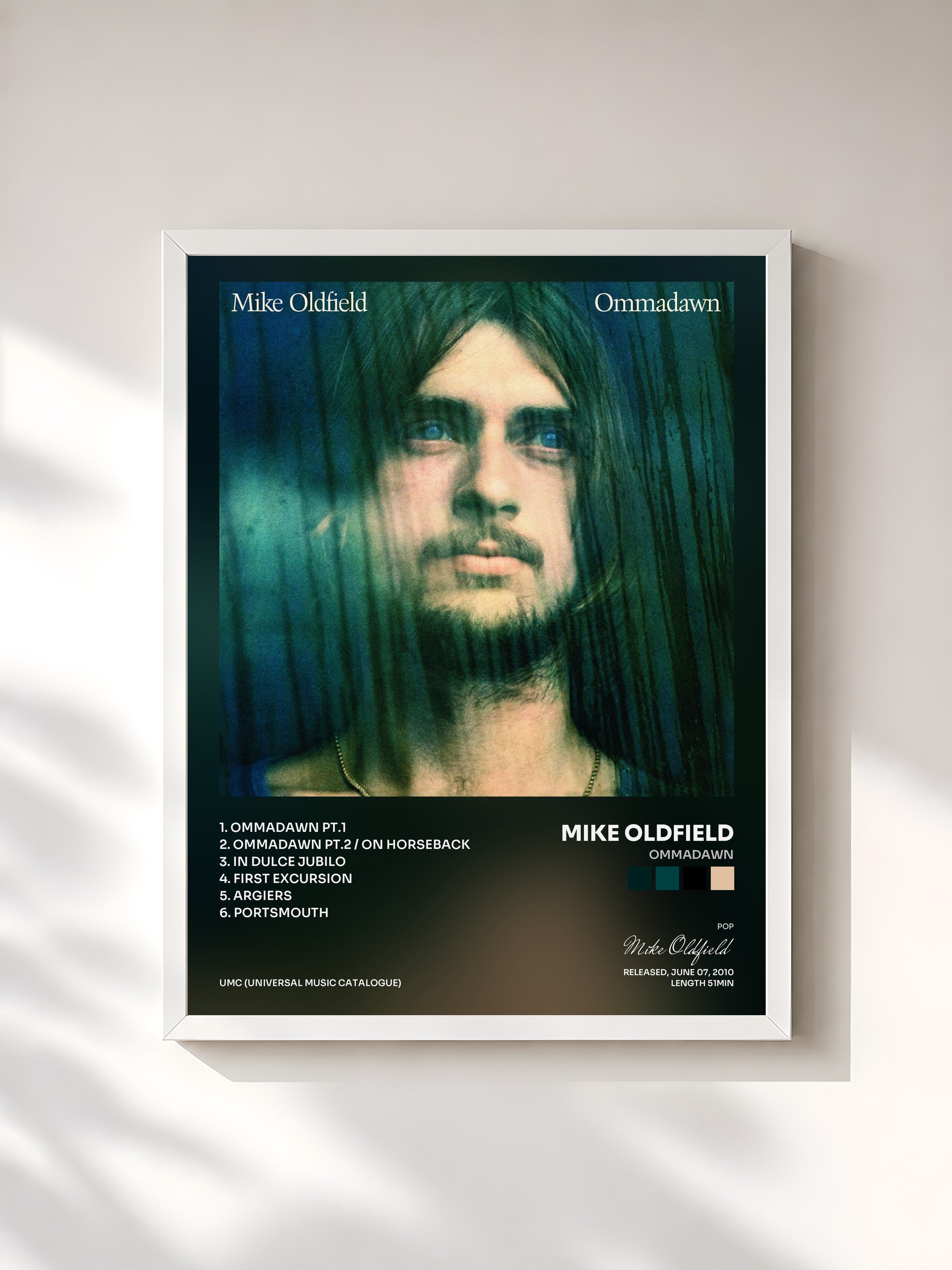 #blanc Tableau de l'album Ommadawn de Mike Oldfield, cadre blanc, imprimé et encadré en France