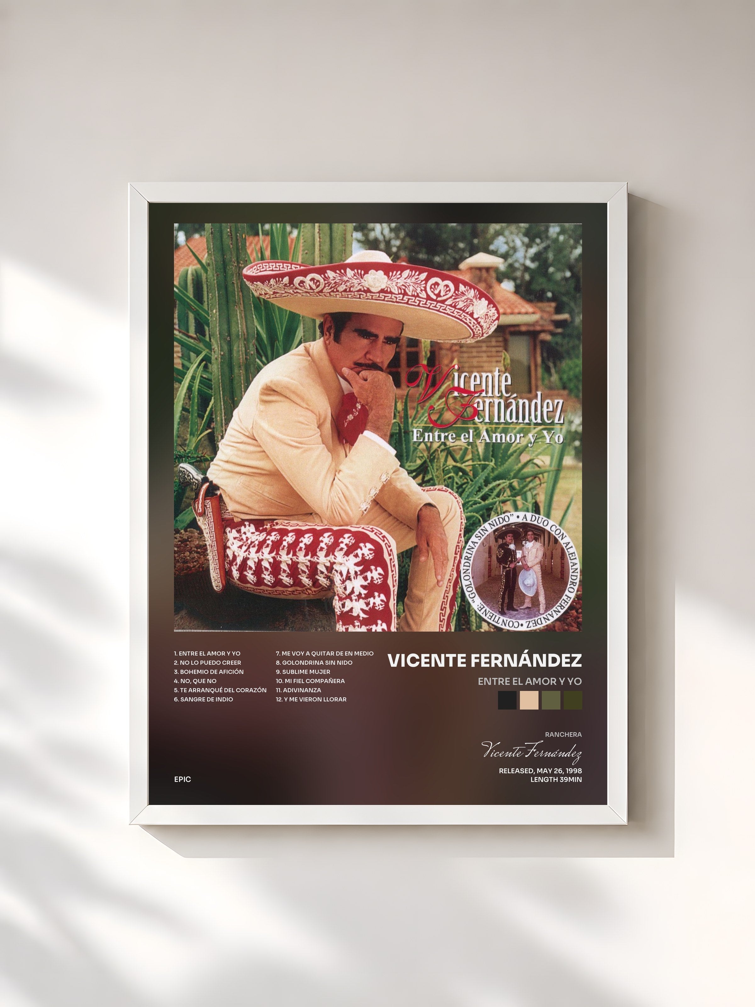 #blanc Tableau de l'album Entre El Amor Y Yo de Vicente Fernández, cadre blanc, imprimé et encadré en France