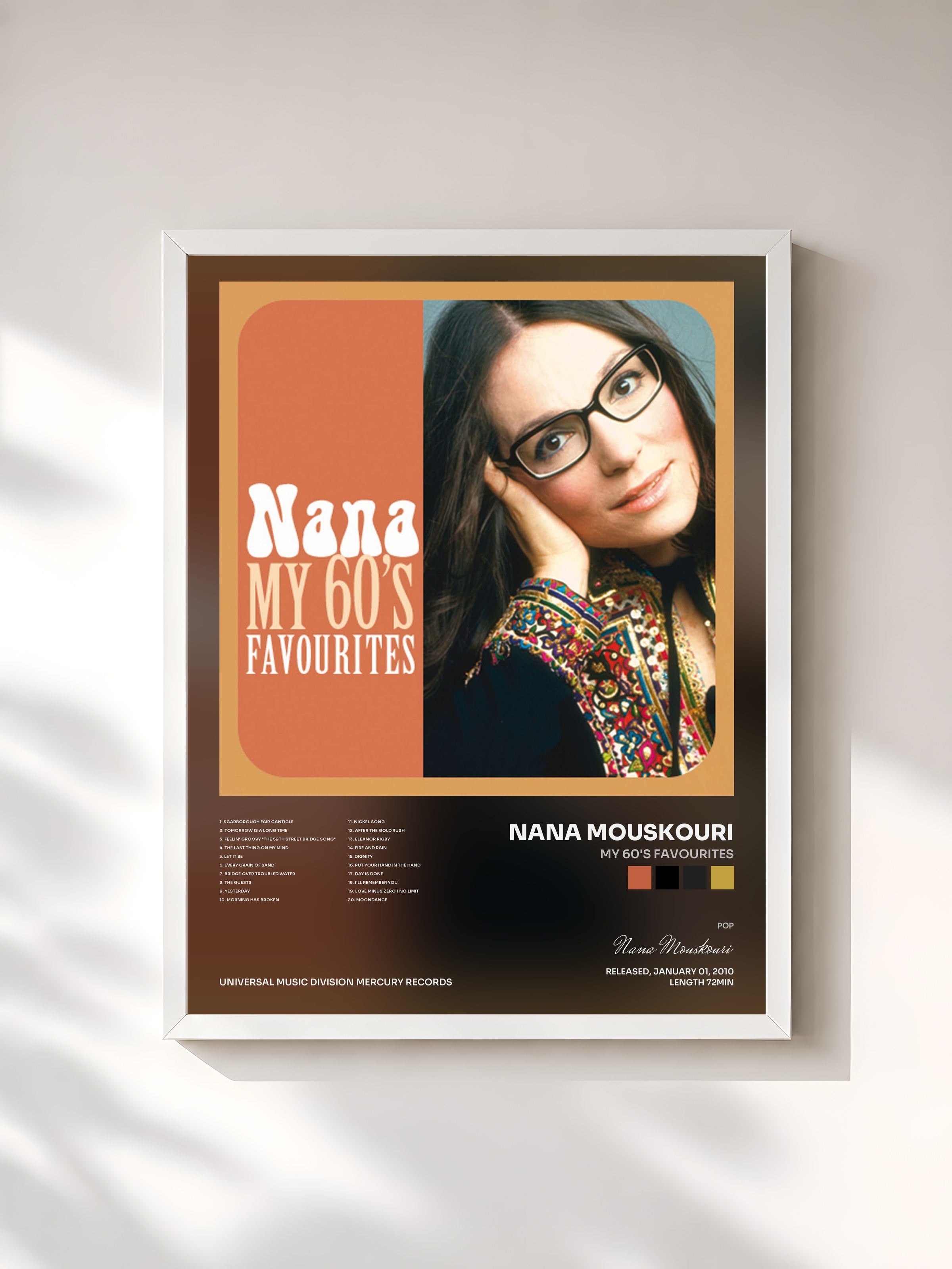 #blanc Tableau de l'album My 60's Favourites de Nana Mouskouri, cadre blanc, imprimé et encadré en France