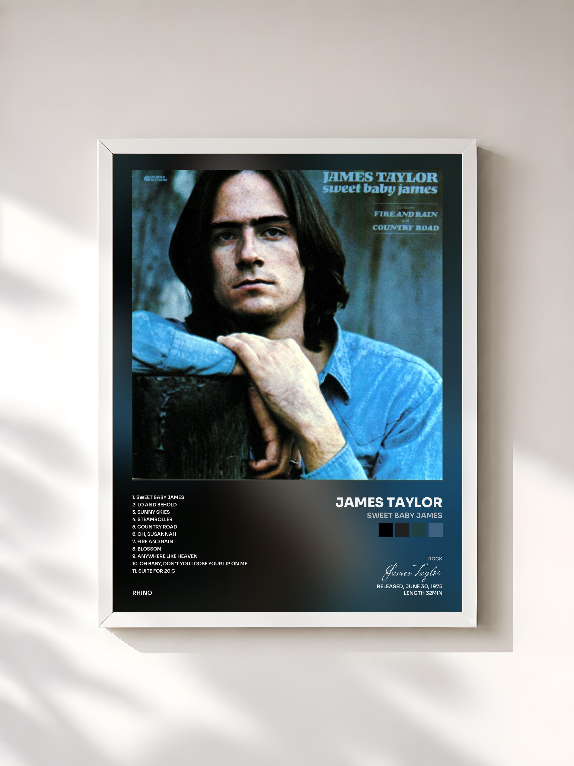 #blanc Tableau de l'album Sweet Baby James de James Taylor, cadre blanc, imprimé et encadré en France