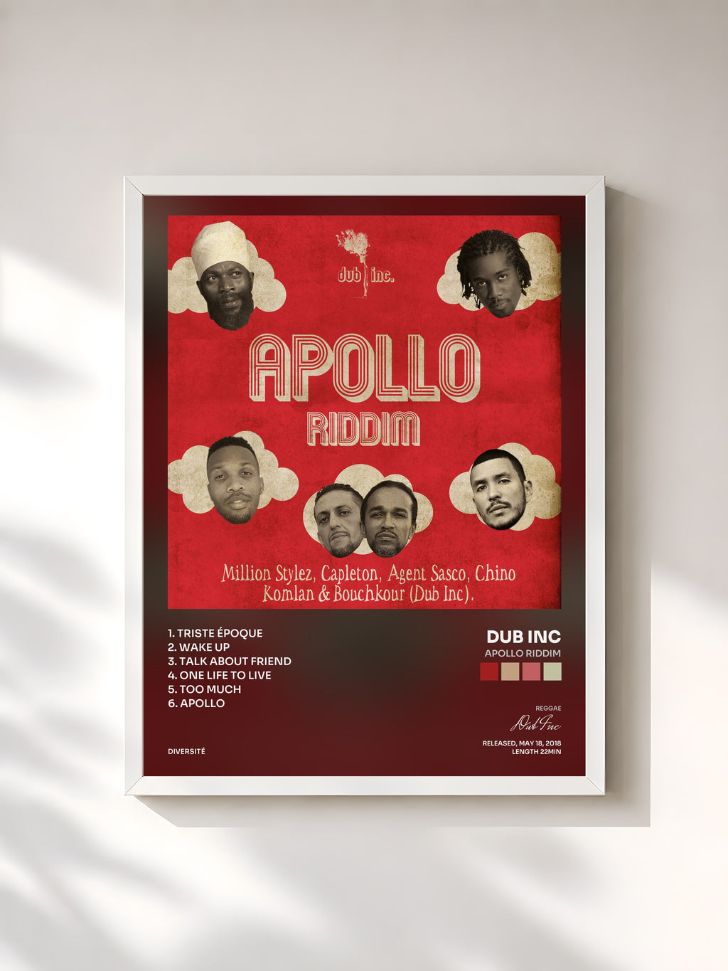 #blanc Tableau de l'album Apollo Riddim de Dub Inc, cadre blanc, imprimé et encadré en France