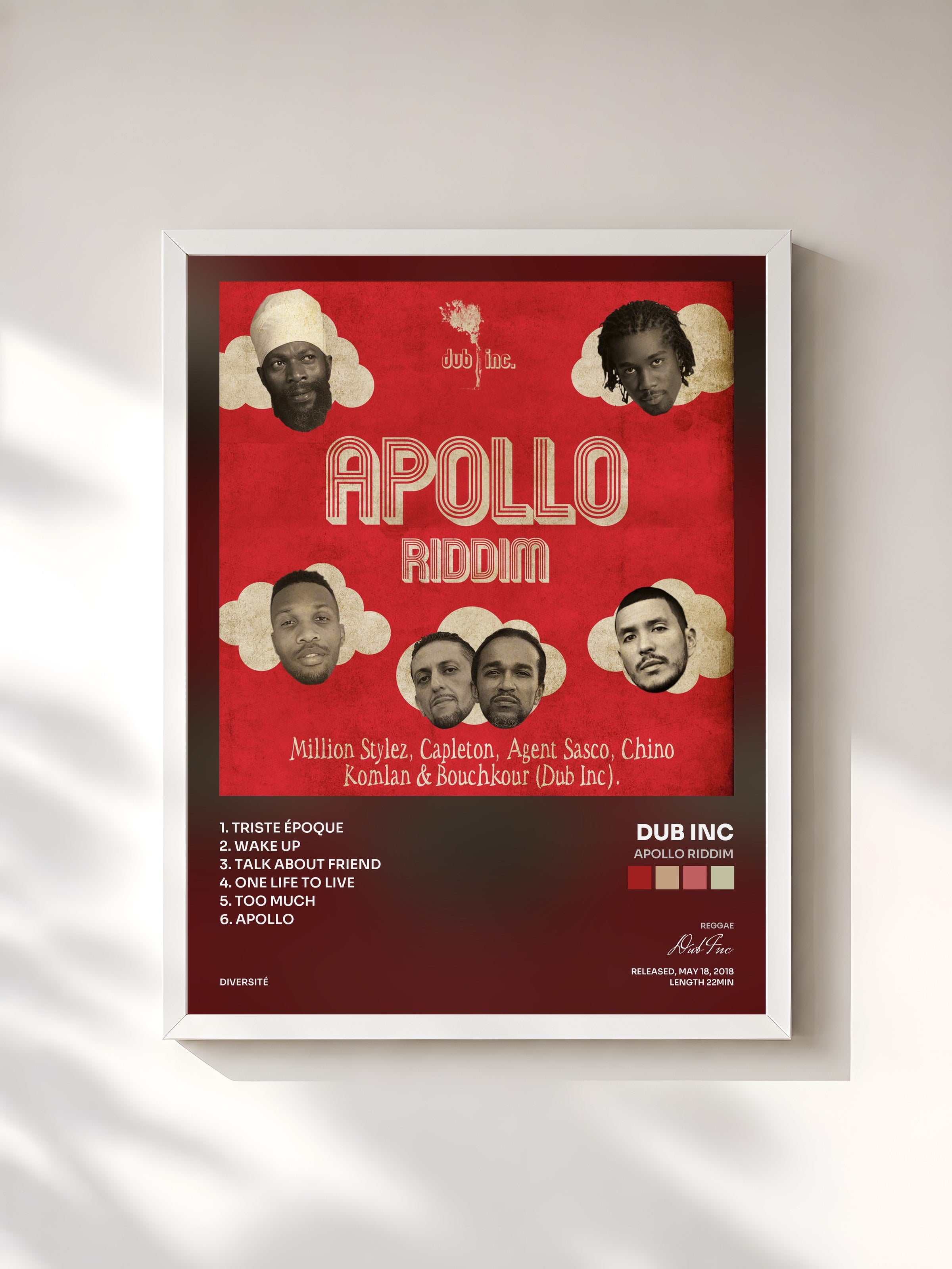 #blanc Tableau de l'album Apollo Riddim de Dub Inc, cadre blanc, imprimé et encadré en France