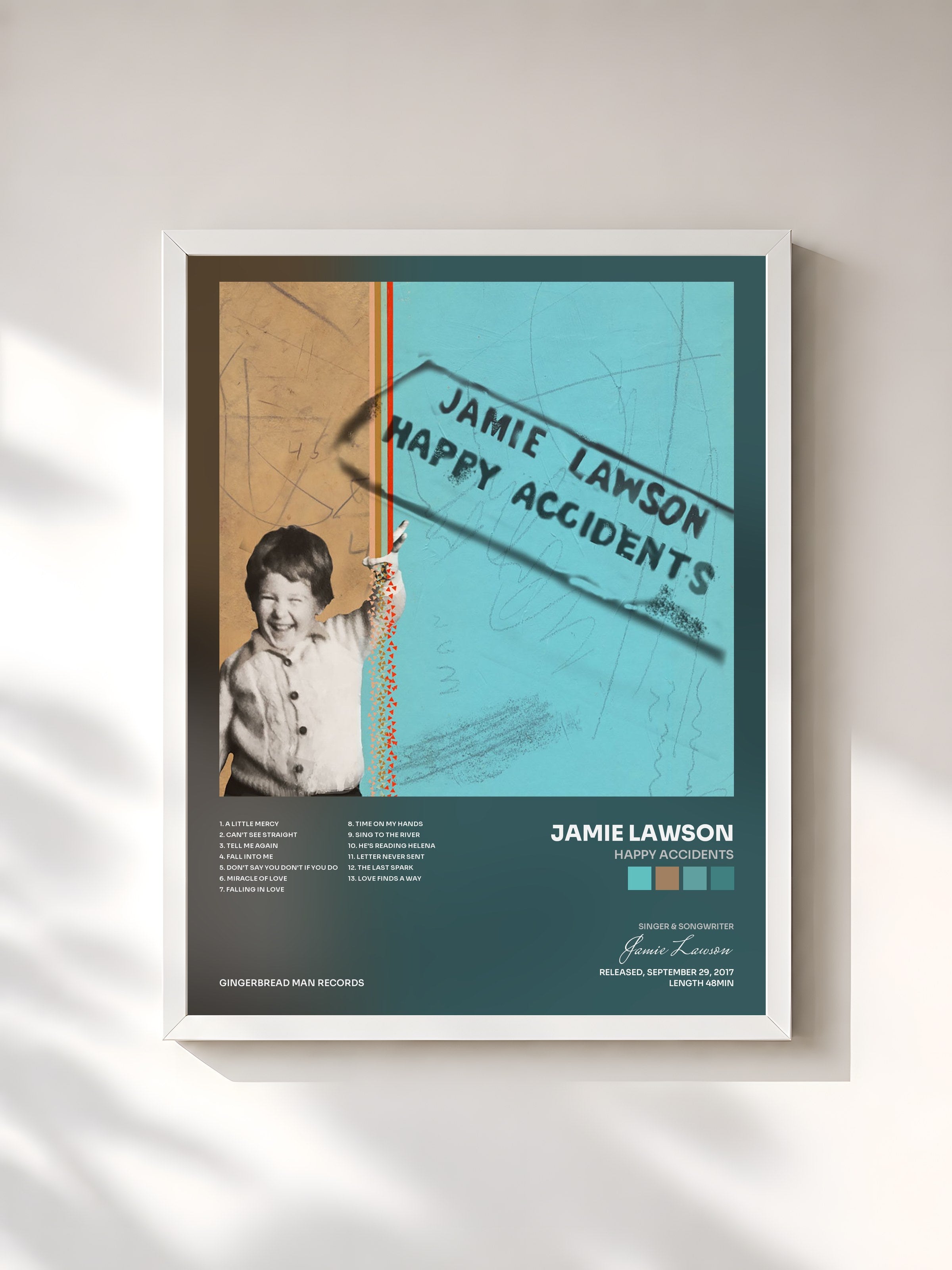 #blanc Tableau de l'album Happy Accidents de Jamie Lawson, cadre blanc, imprimé et encadré en France