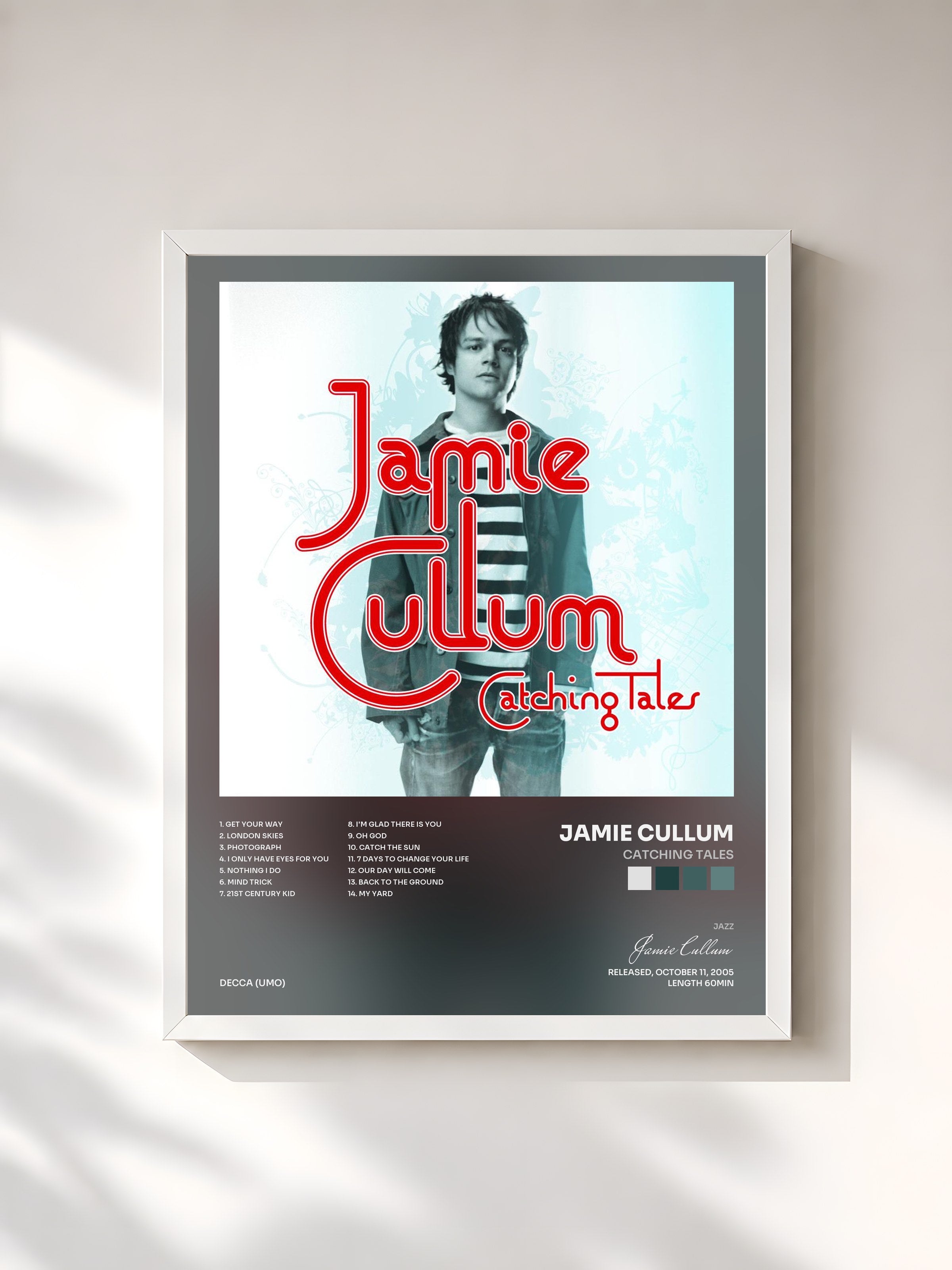 #blanc Tableau de l'album Catching Tales de Jamie Cullum, cadre blanc, imprimé et encadré en France