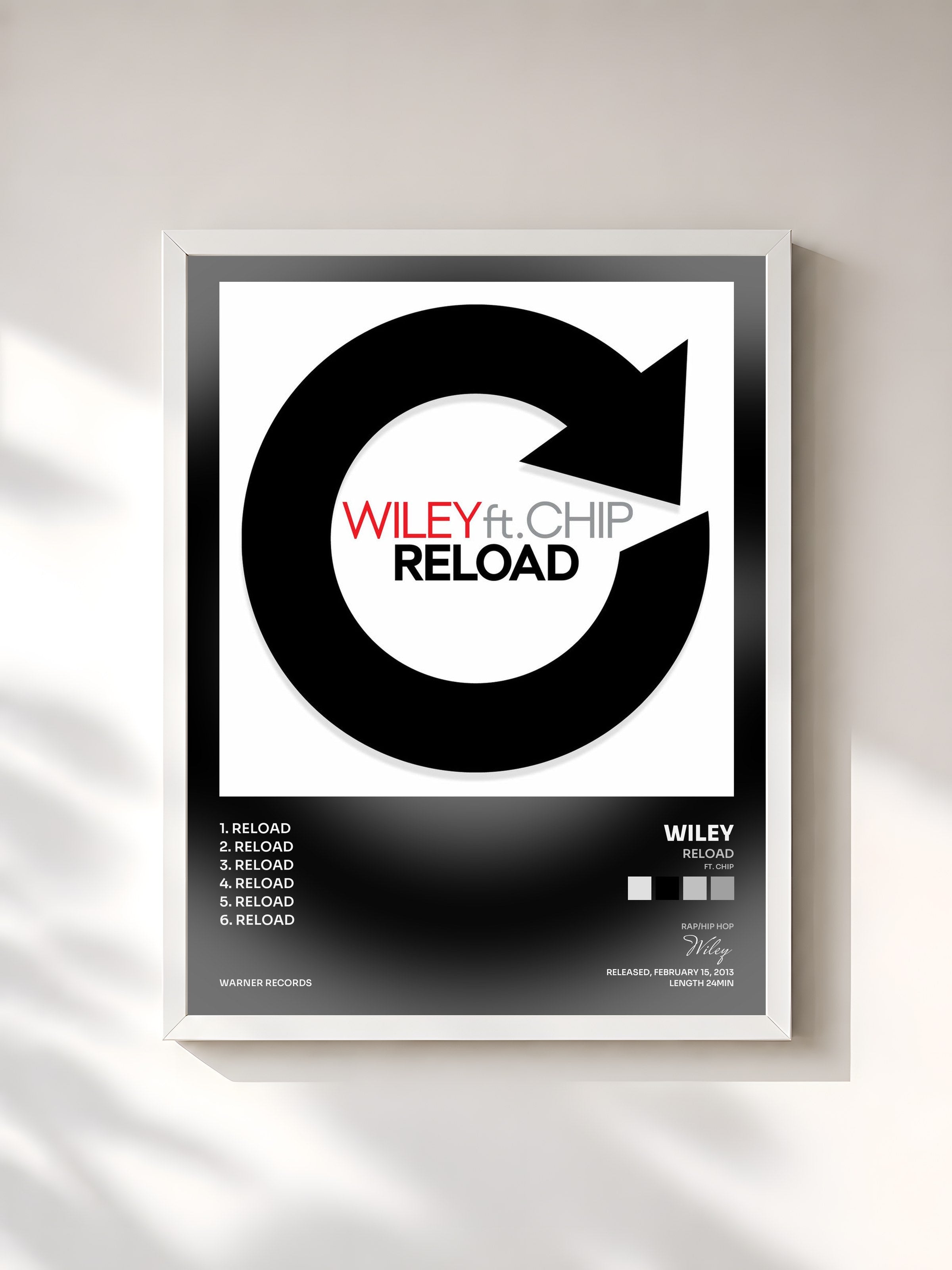 #blanc Tableau de l'album Reload (ft. Chip) de Wiley, cadre blanc, imprimé et encadré en France