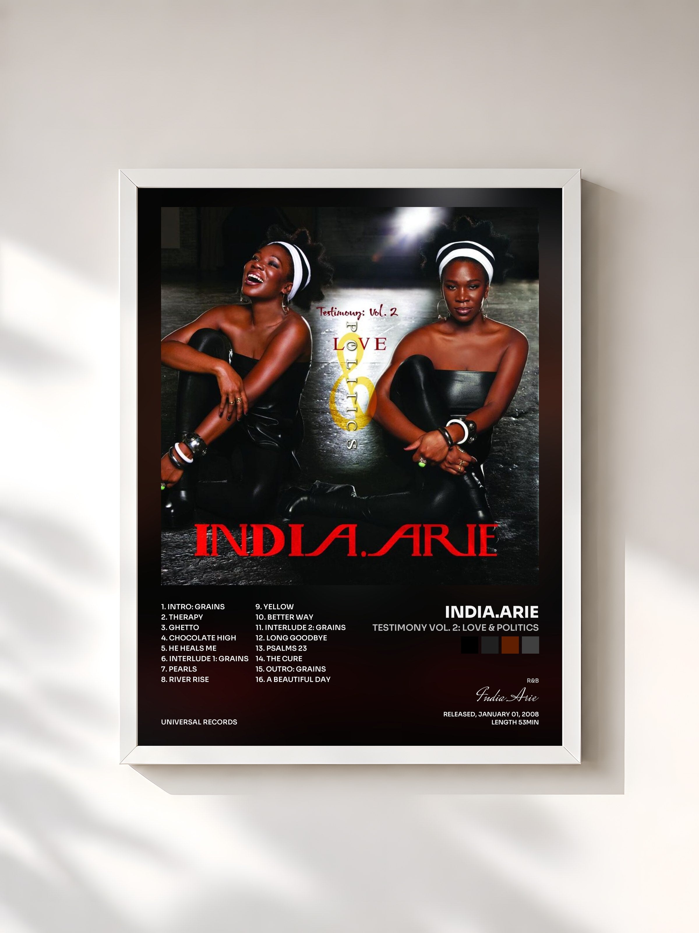 #blanc Tableau de l'album TESTIMONY VOL. 2: LOVE & POLITICS de India.Arie, cadre blanc, imprimé et encadré en France