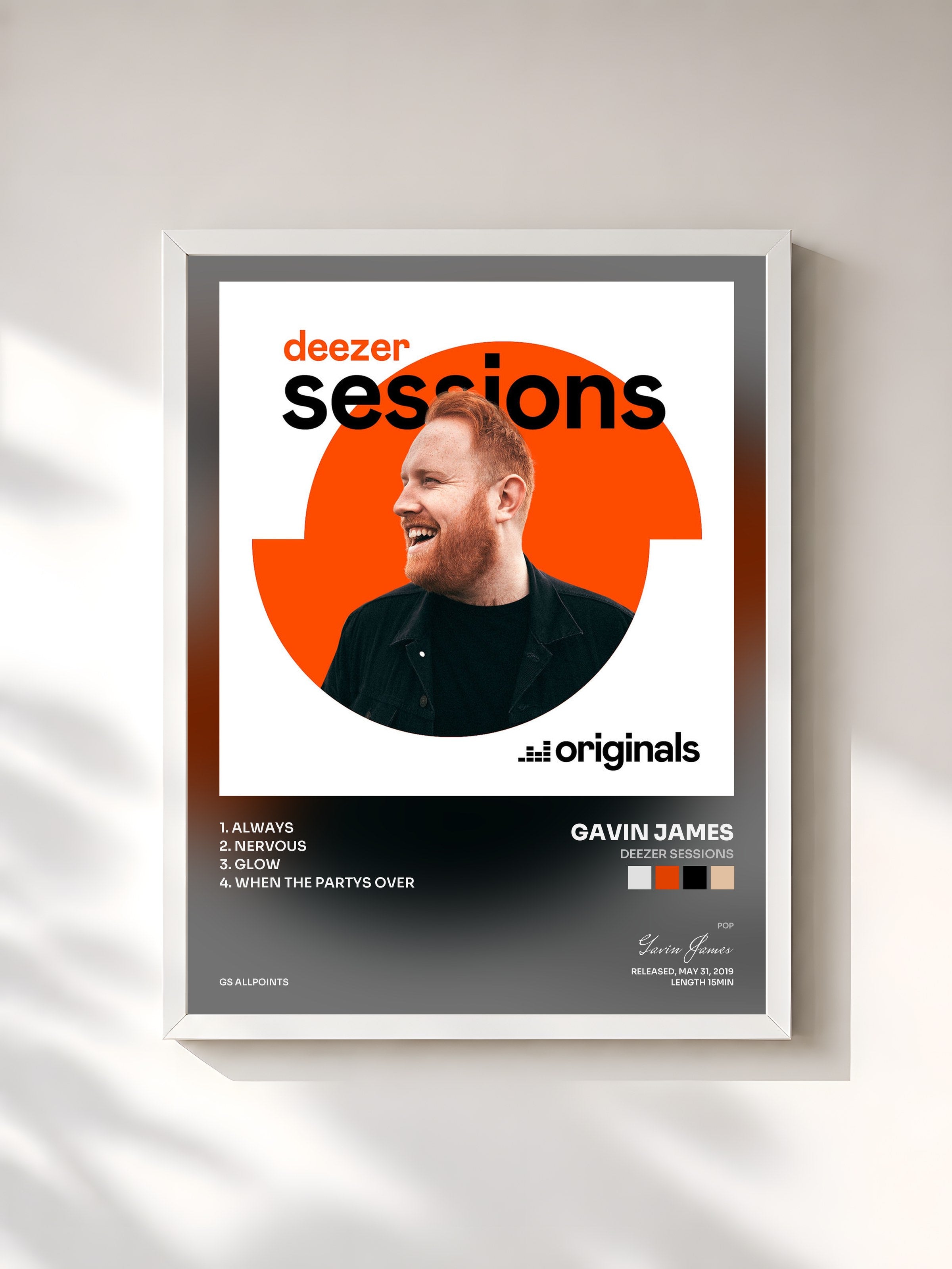 #blanc Tableau de l'album Deezer Sessions de Gavin James, cadre blanc, imprimé et encadré en France