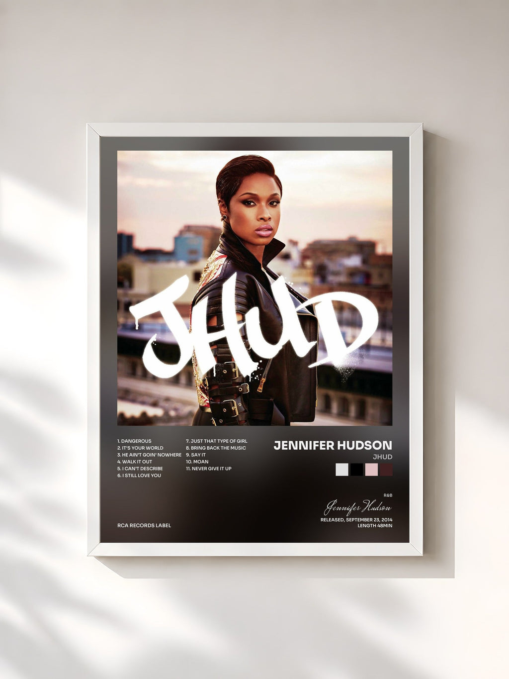 #blanc JHUD de Jennifer Hudson en lámina enmarcada, marco blanco, impresa y enmarcada en Francia