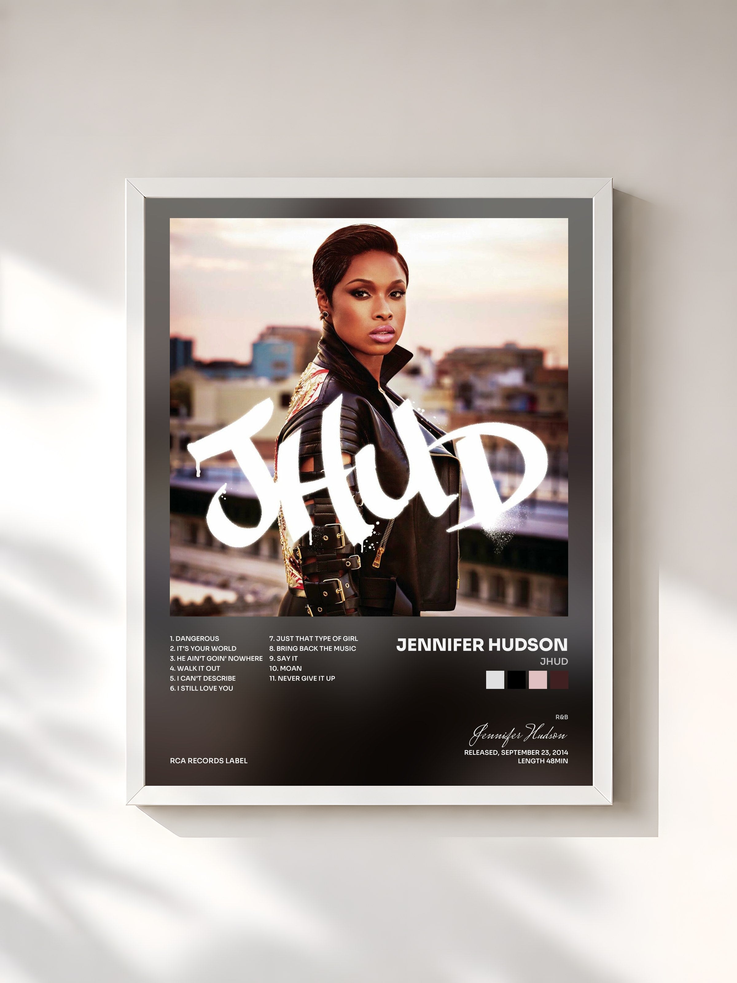 #blanc Tableau de l'album JHUD de Jennifer Hudson, cadre blanc, imprimé et encadré en France