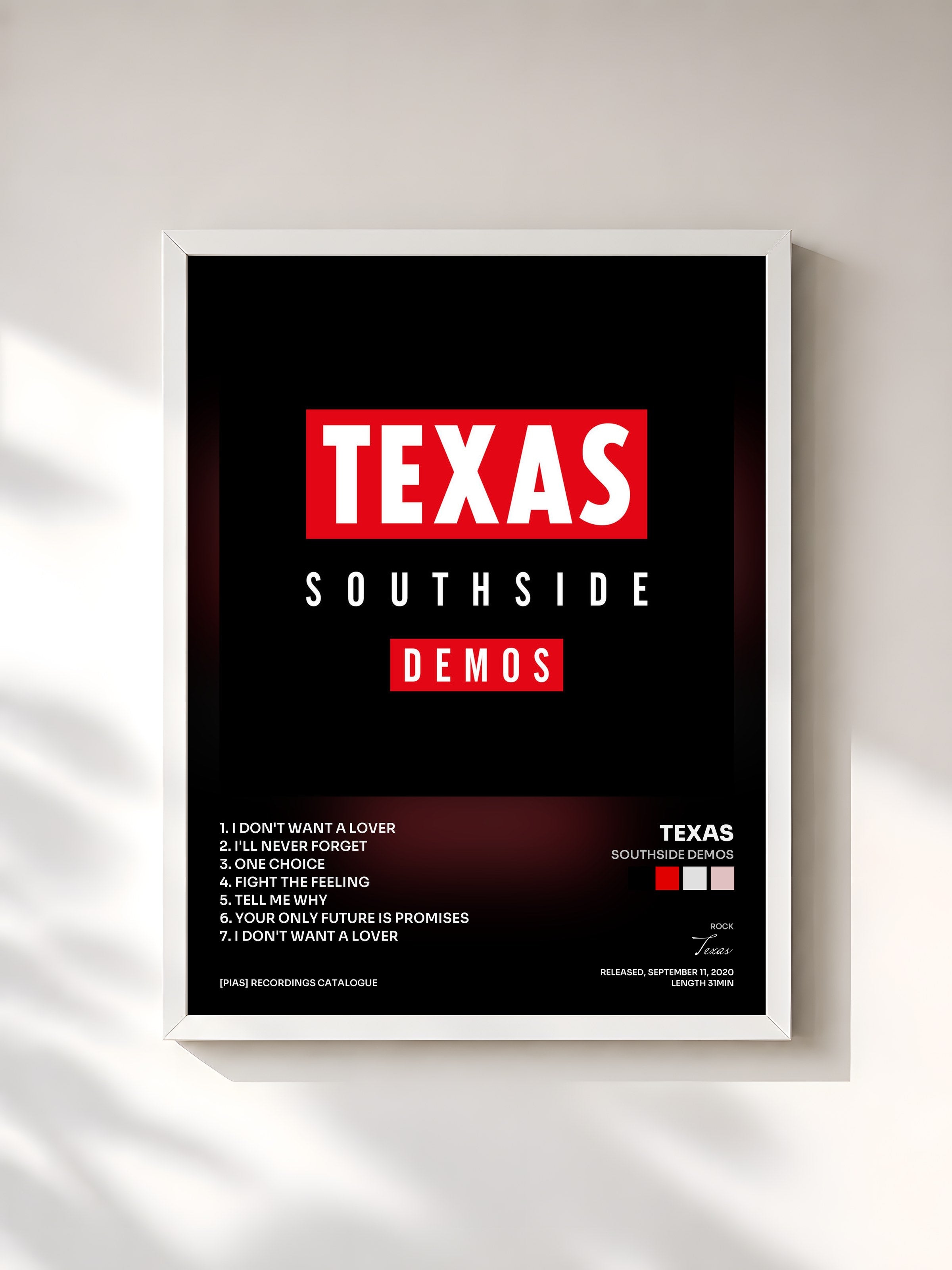 #blanc Tableau de l'album Southside Demos de Texas, cadre blanc, imprimé et encadré en France