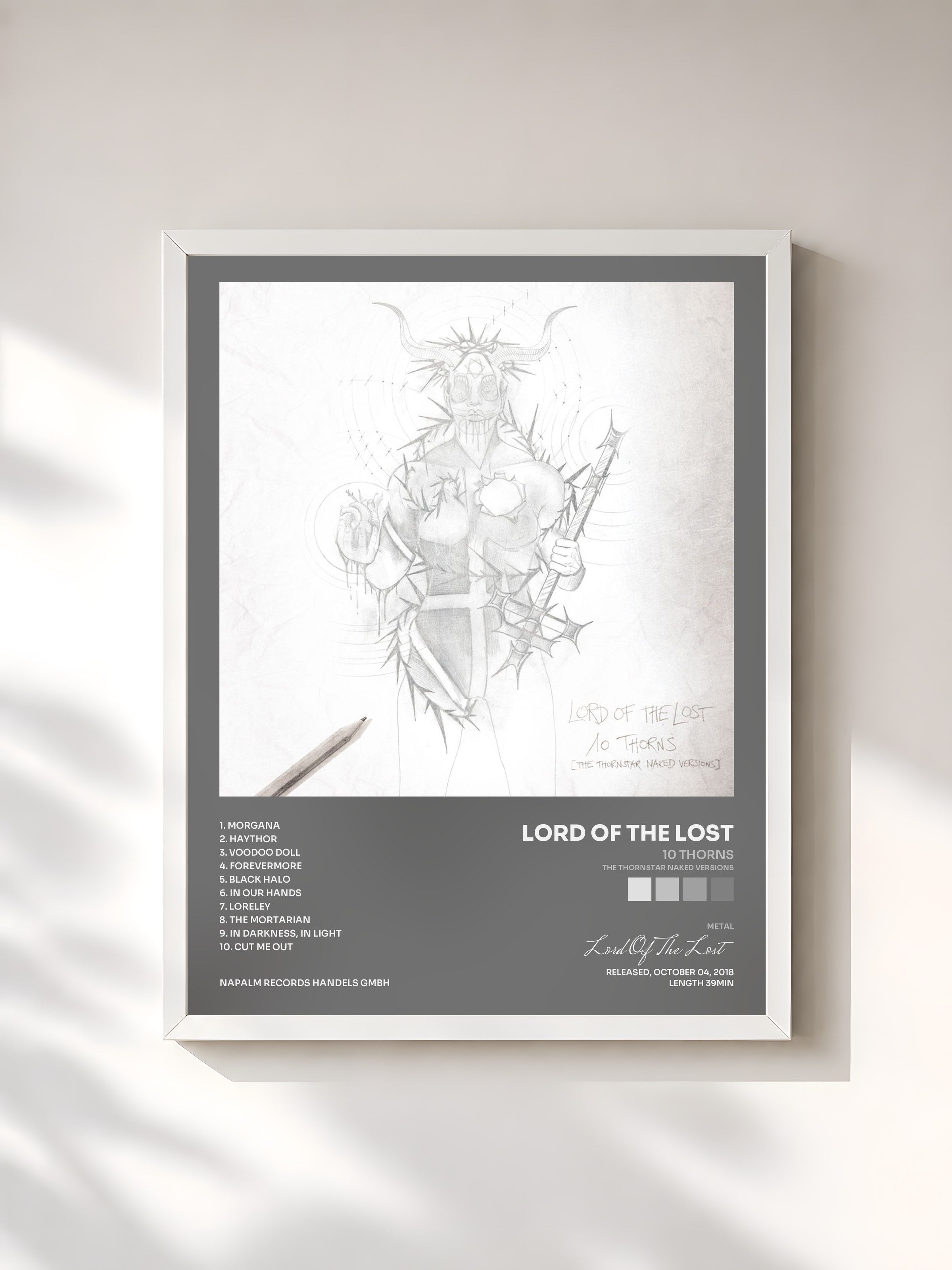 #blanc Tableau de l'album 10 Thorns (The Thornstar Naked Versions) de Lord Of The Lost, cadre blanc, imprimé et encadré en France