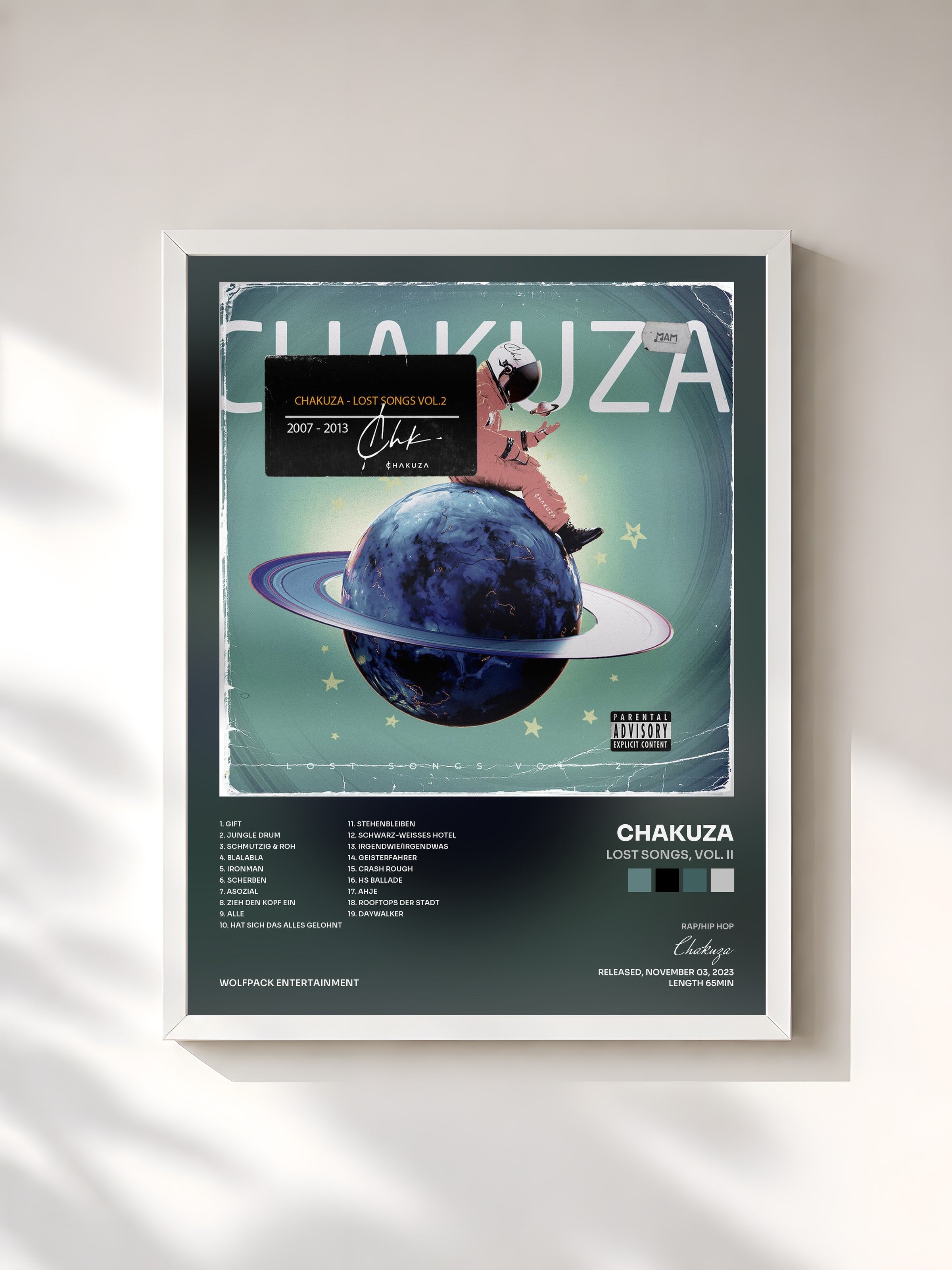 #blanc Tableau de l'album LOST SONGS, VOL. II de Chakuza, cadre blanc, imprimé et encadré en France