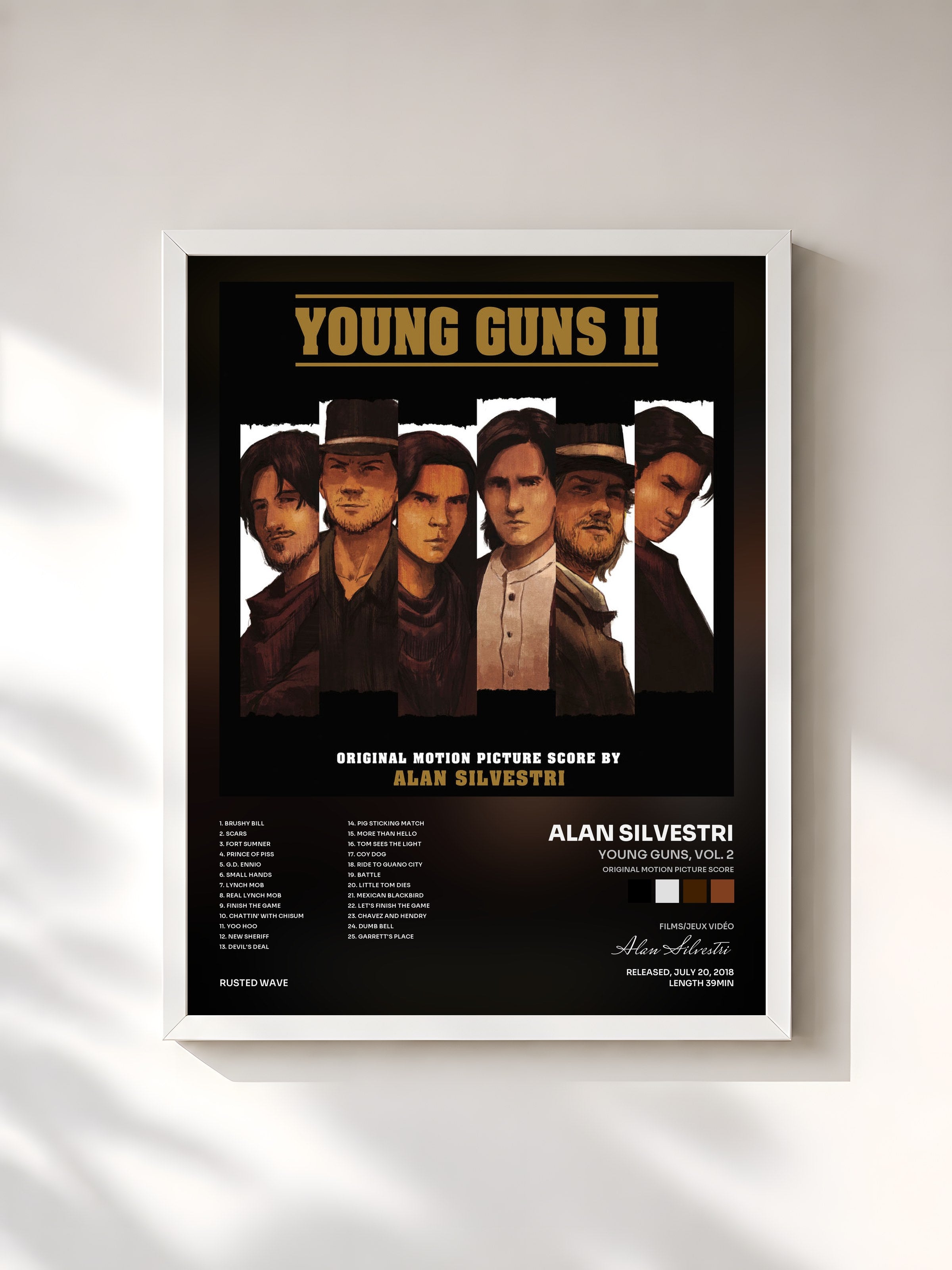 #blanc Tableau de l'album Young Guns, Vol. 2 (Original Motion Picture Score) de Alan Silvestri, cadre blanc, imprimé et encadré en France