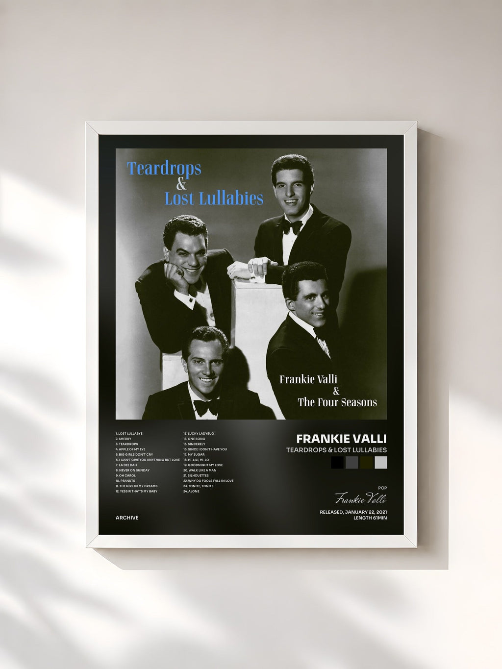 #blanc Teardrops & Lost Lullabies by Frankie Valli as a framed art print, white frame, printed and framed in France